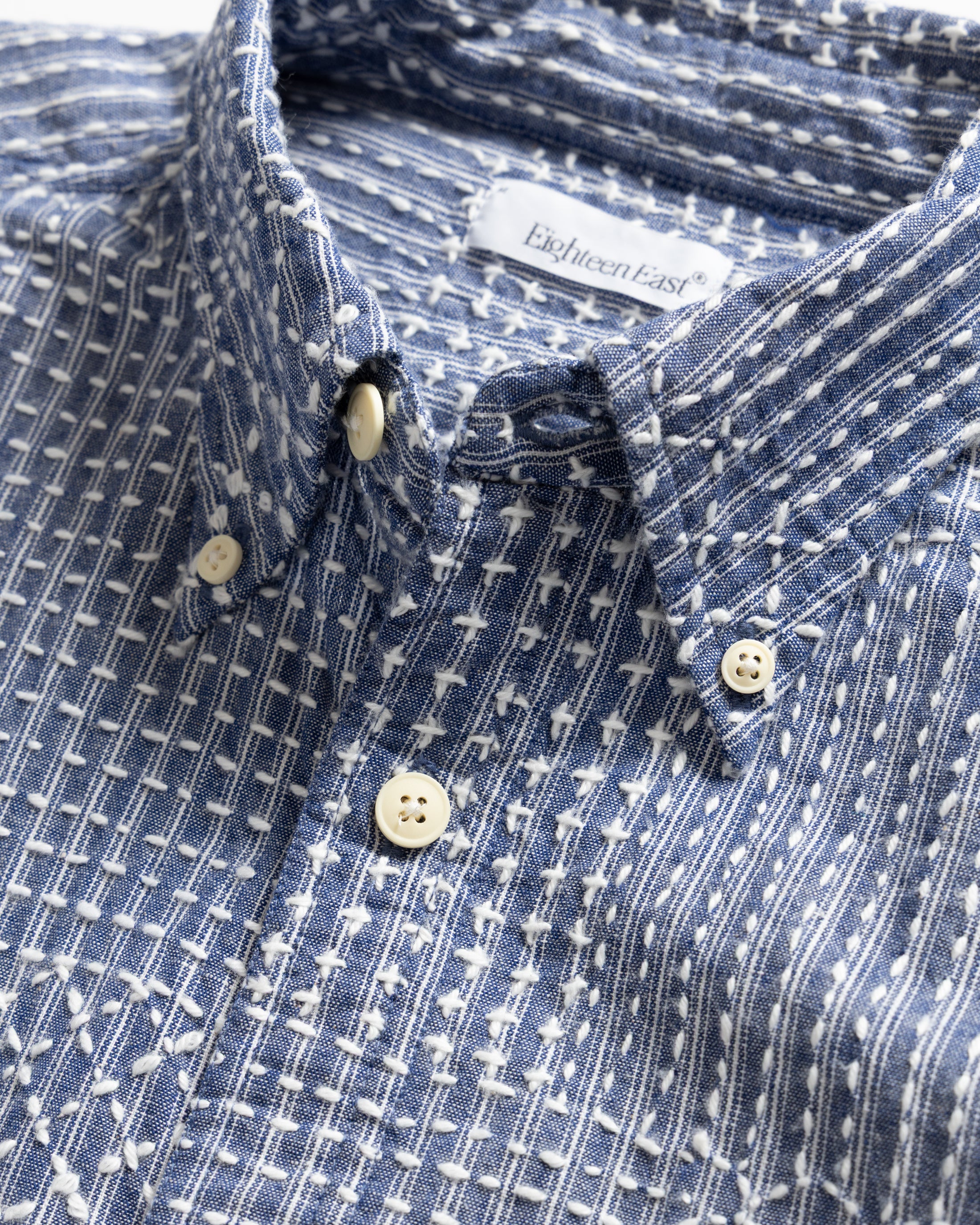 AMER EASTERN BUTTON DOWN SHIRT - FRENCH BLUE / LATTE PATCHWORK KANTHA STITCHED STRIPED COTTON CHAMBRAY - Image 2
