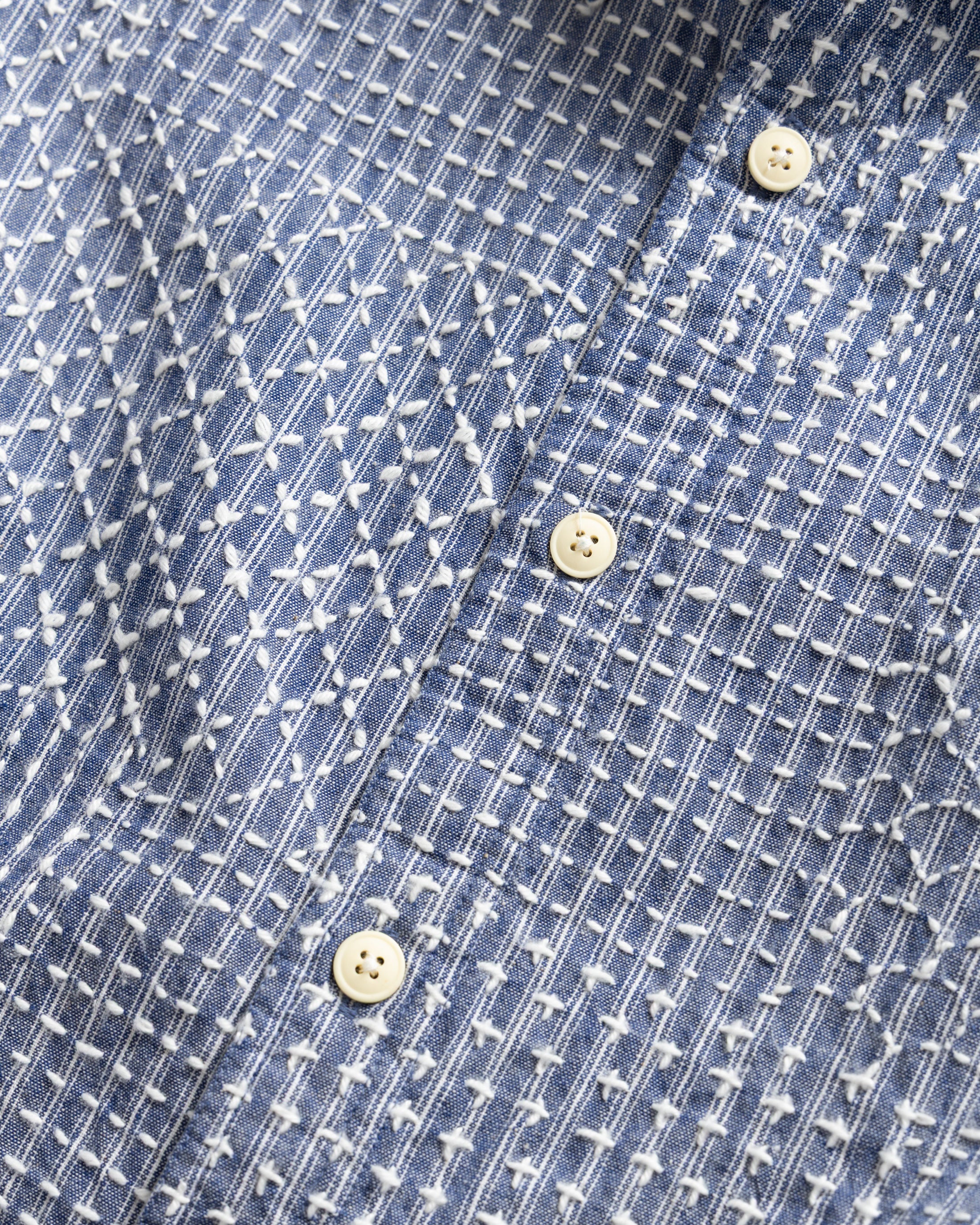 AMER EASTERN BUTTON DOWN SHIRT - FRENCH BLUE / LATTE PATCHWORK KANTHA STITCHED STRIPED COTTON CHAMBRAY - Image 3