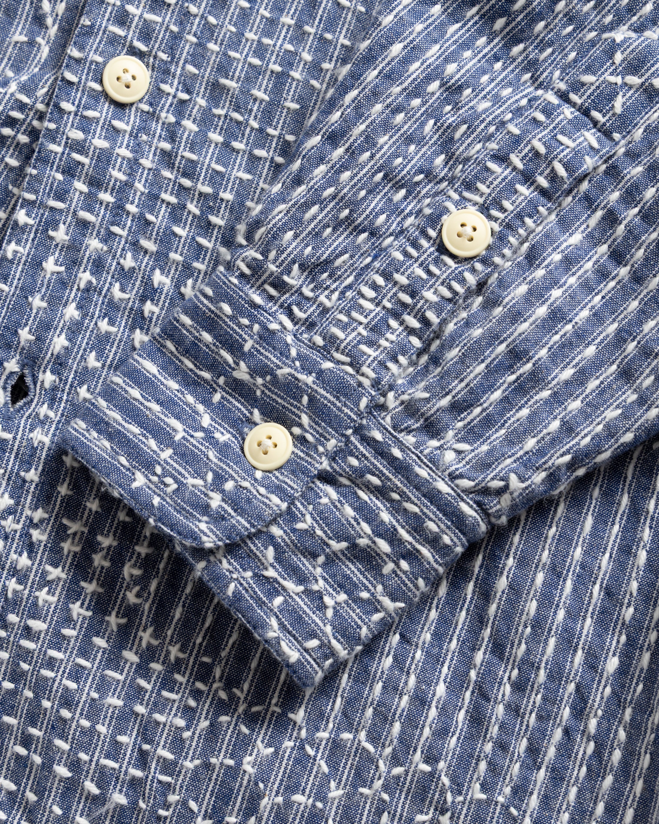 AMER EASTERN BUTTON DOWN SHIRT - FRENCH BLUE / LATTE PATCHWORK KANTHA STITCHED STRIPED COTTON CHAMBRAY - Image 4