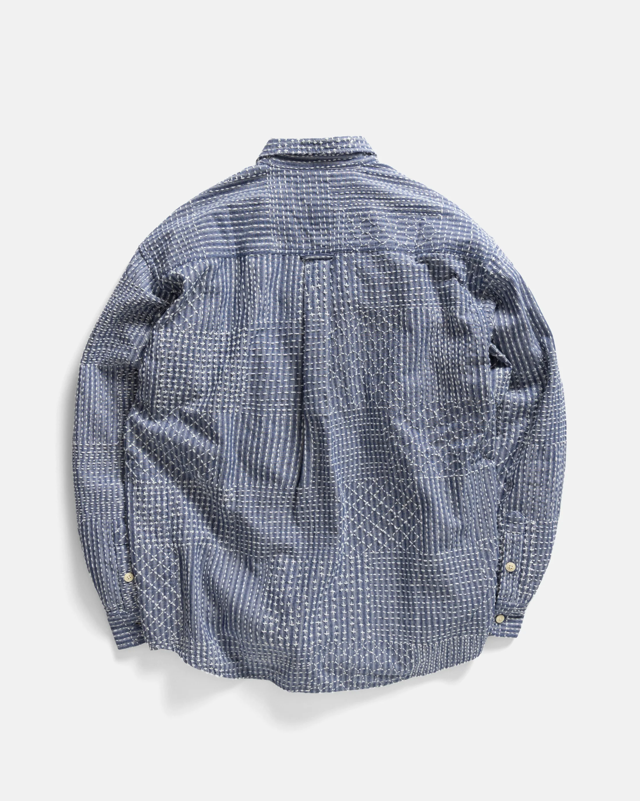AMER EASTERN BUTTON DOWN SHIRT - FRENCH BLUE / LATTE PATCHWORK KANTHA STITCHED STRIPED COTTON CHAMBRAY - Image 5
