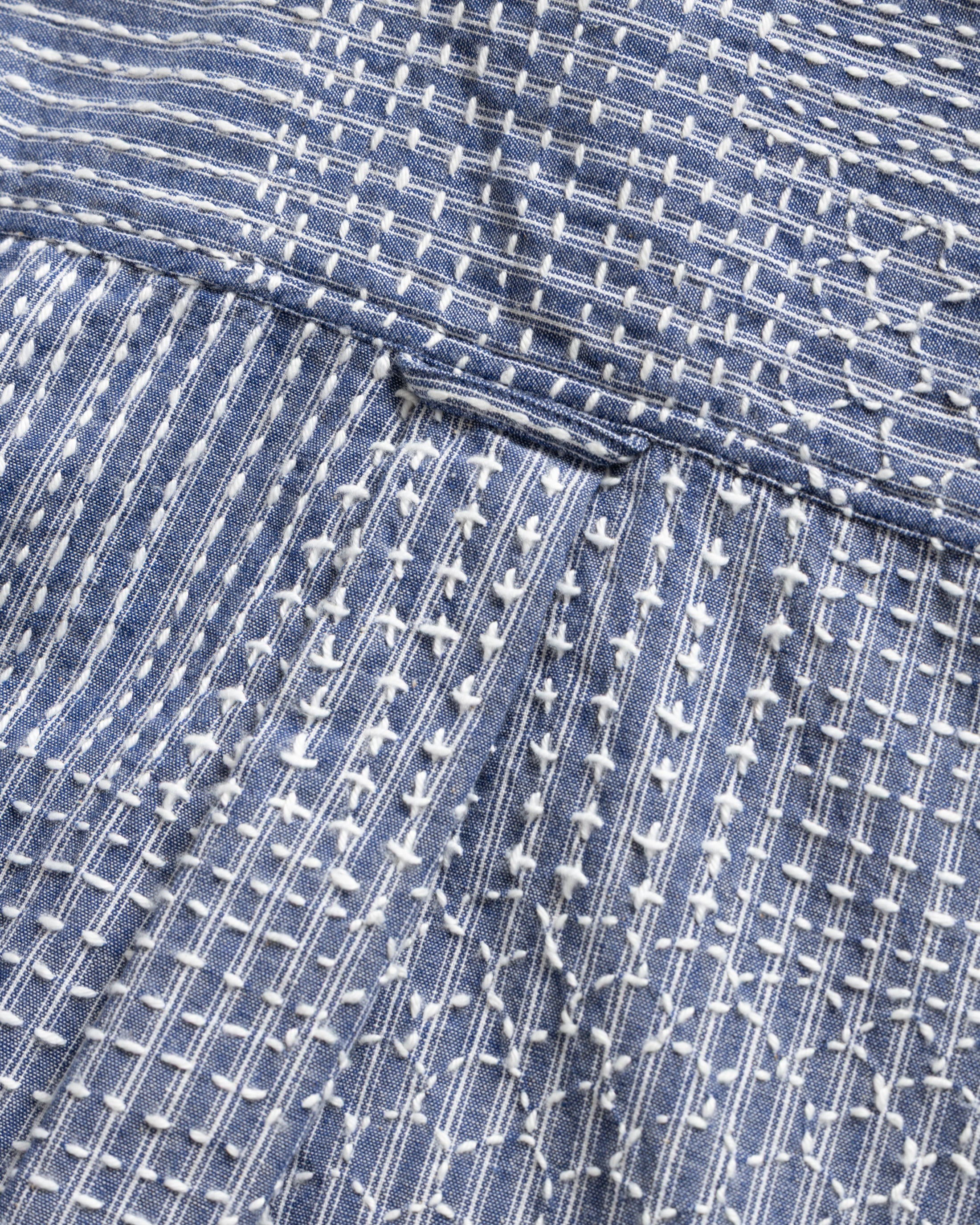 AMER EASTERN BUTTON DOWN SHIRT - FRENCH BLUE / LATTE PATCHWORK KANTHA STITCHED STRIPED COTTON CHAMBRAY - Image 6