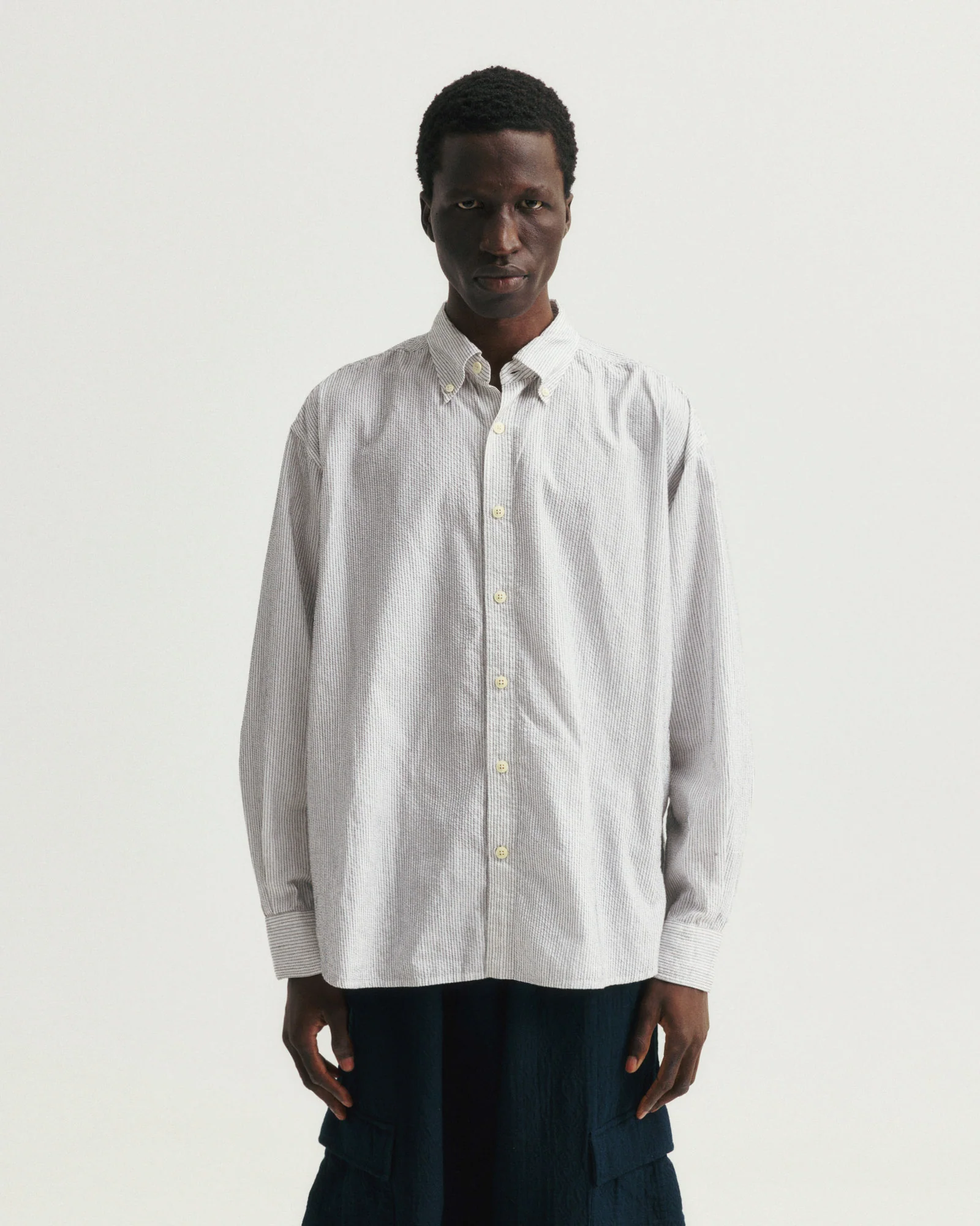 AMER EASTERN BUTTON DOWN SHIRT - WHITE POPLIN WITH BLACK EMBROIDERED PENCIL STRIPES - Image 2