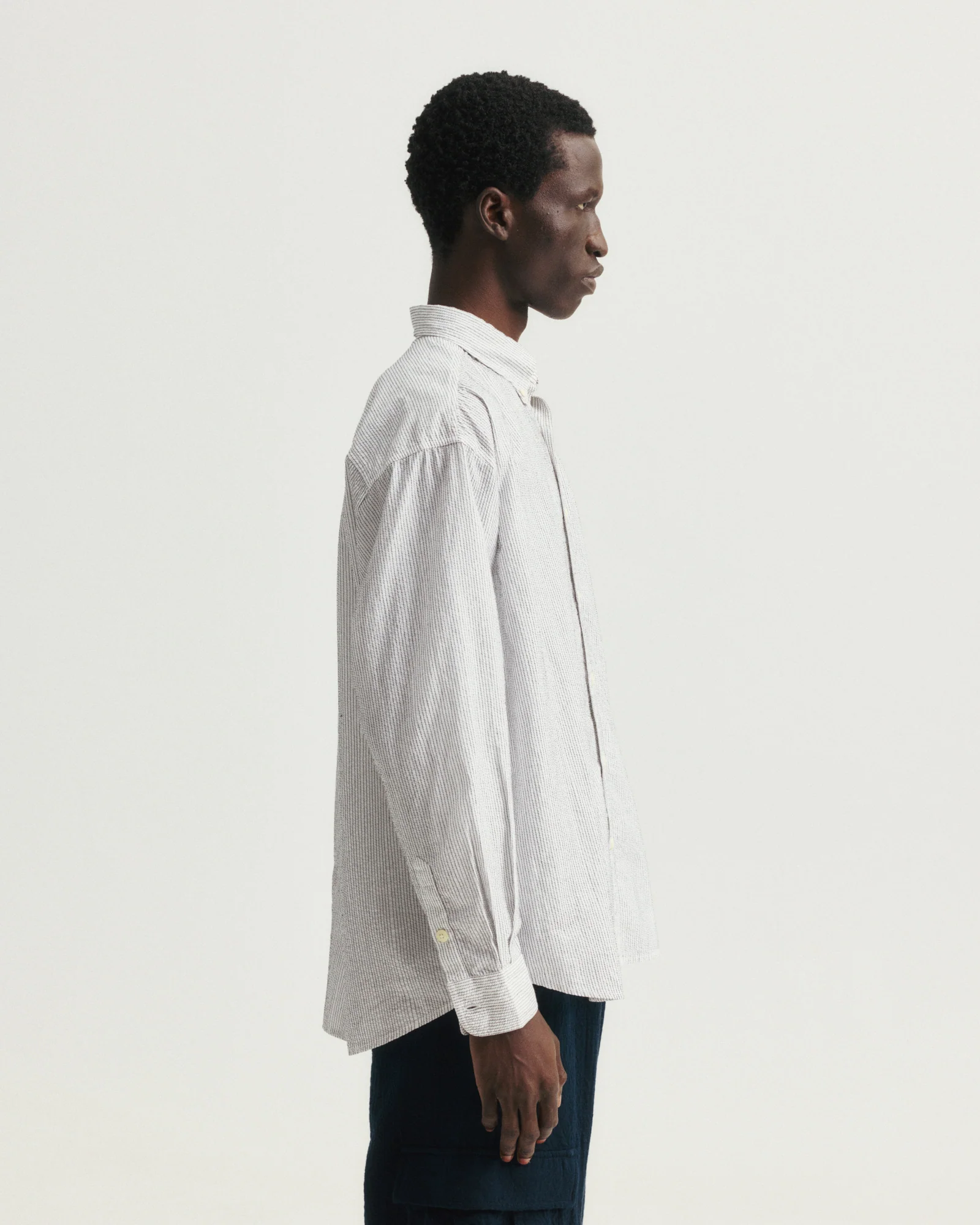 AMER EASTERN BUTTON DOWN SHIRT - WHITE POPLIN WITH BLACK EMBROIDERED PENCIL STRIPES - Image 4