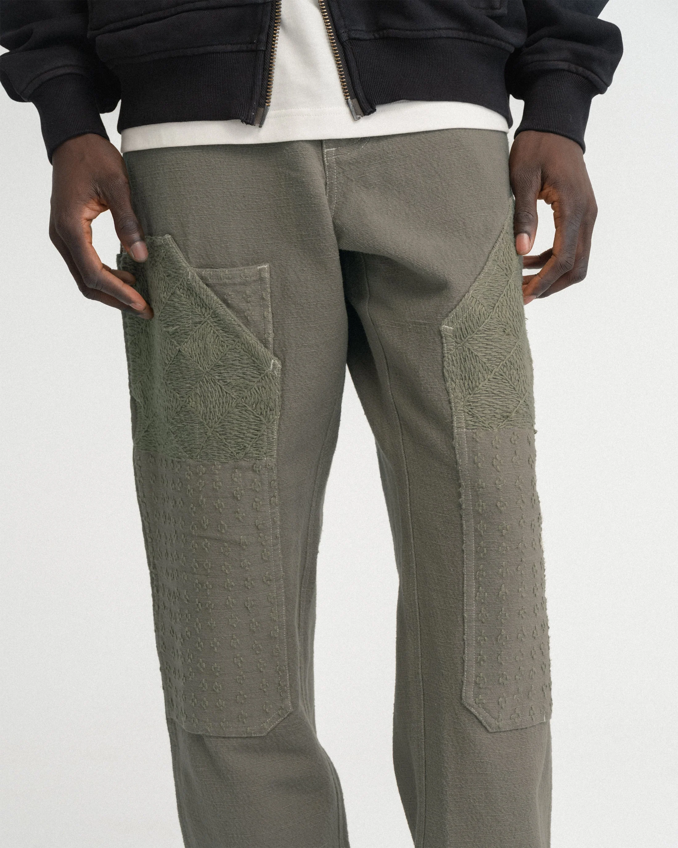 ELI HAND-EMBROIDERED DOUBLE KNEE WORK PANT - AGED SAGE HANDSPUN COTTON CANVAS - Image 4