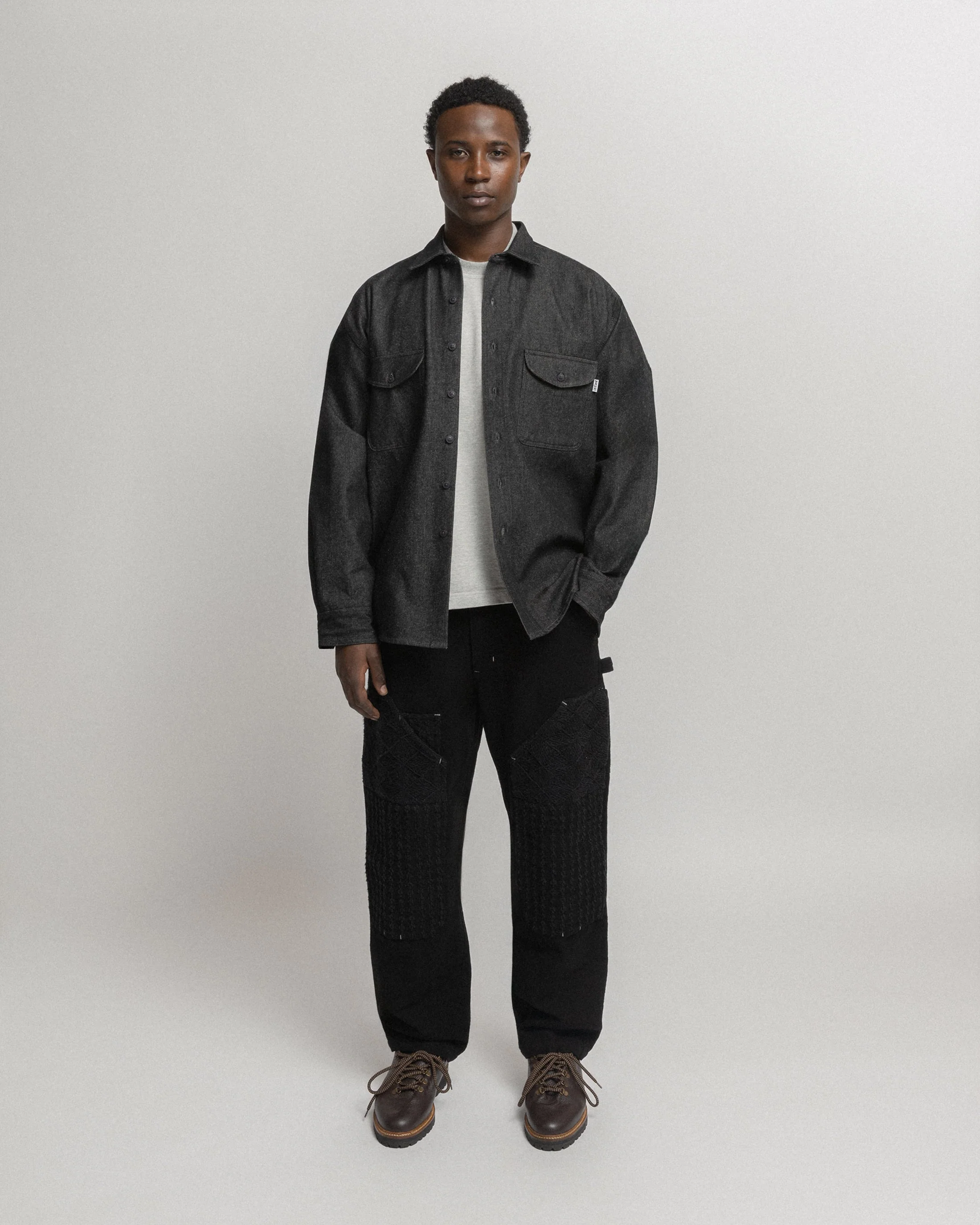 ELI HAND-EMBROIDERED DOUBLE KNEE WORK PANT - BLACK HANDSPUN COTTON CANVAS - Image 2