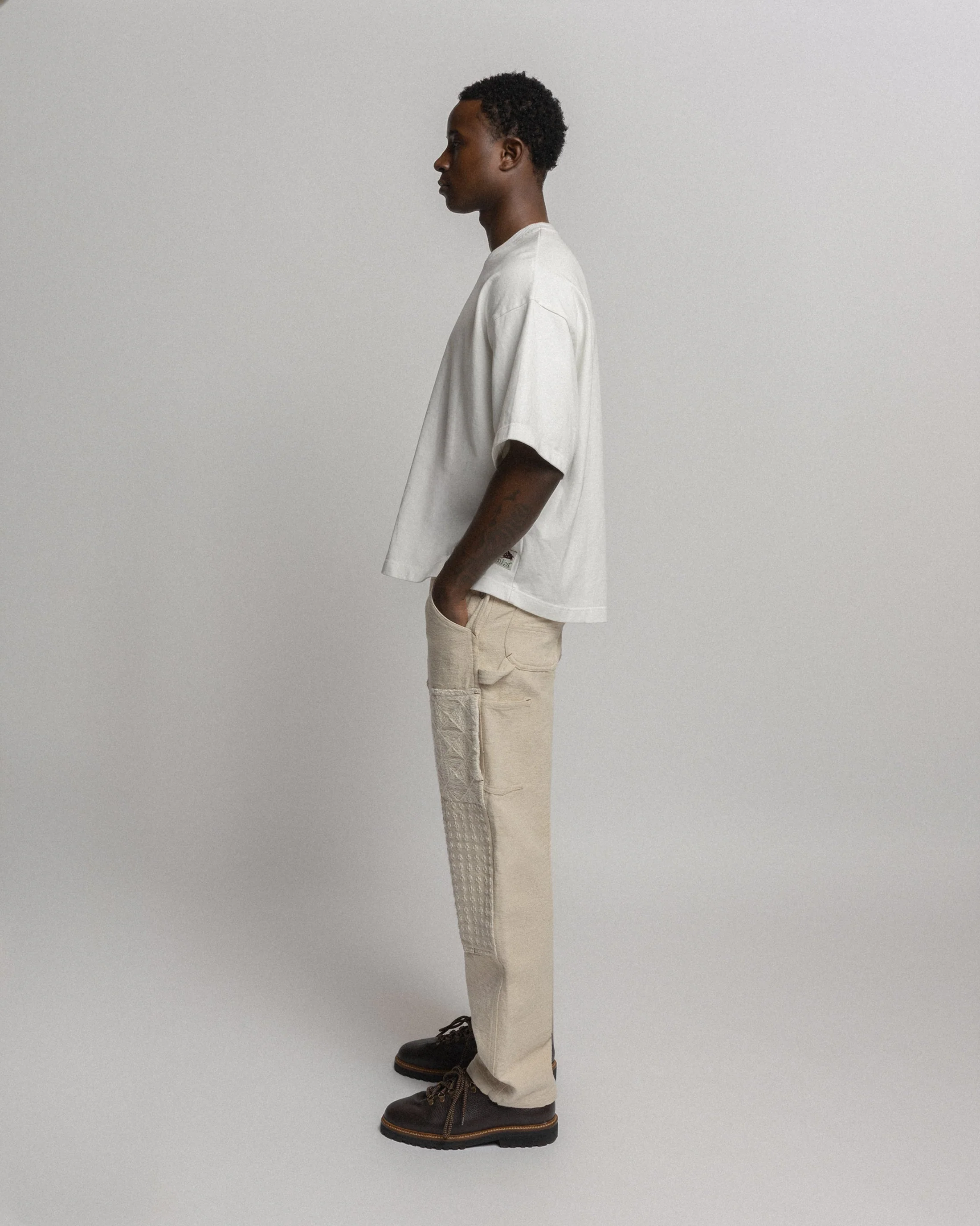 ELI HAND-EMBROIDERED DOUBLE KNEE WORK PANT - UNDYED ECRU HANDSPUN COTTON CANVAS - Image 3
