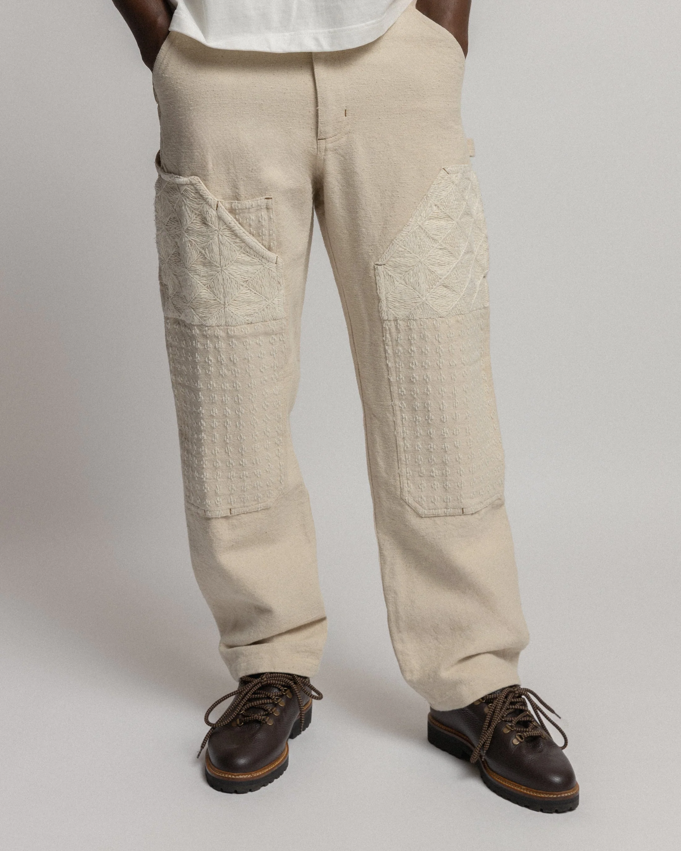ELI HAND-EMBROIDERED DOUBLE KNEE WORK PANT - UNDYED ECRU HANDSPUN COTTON CANVAS - Image 4