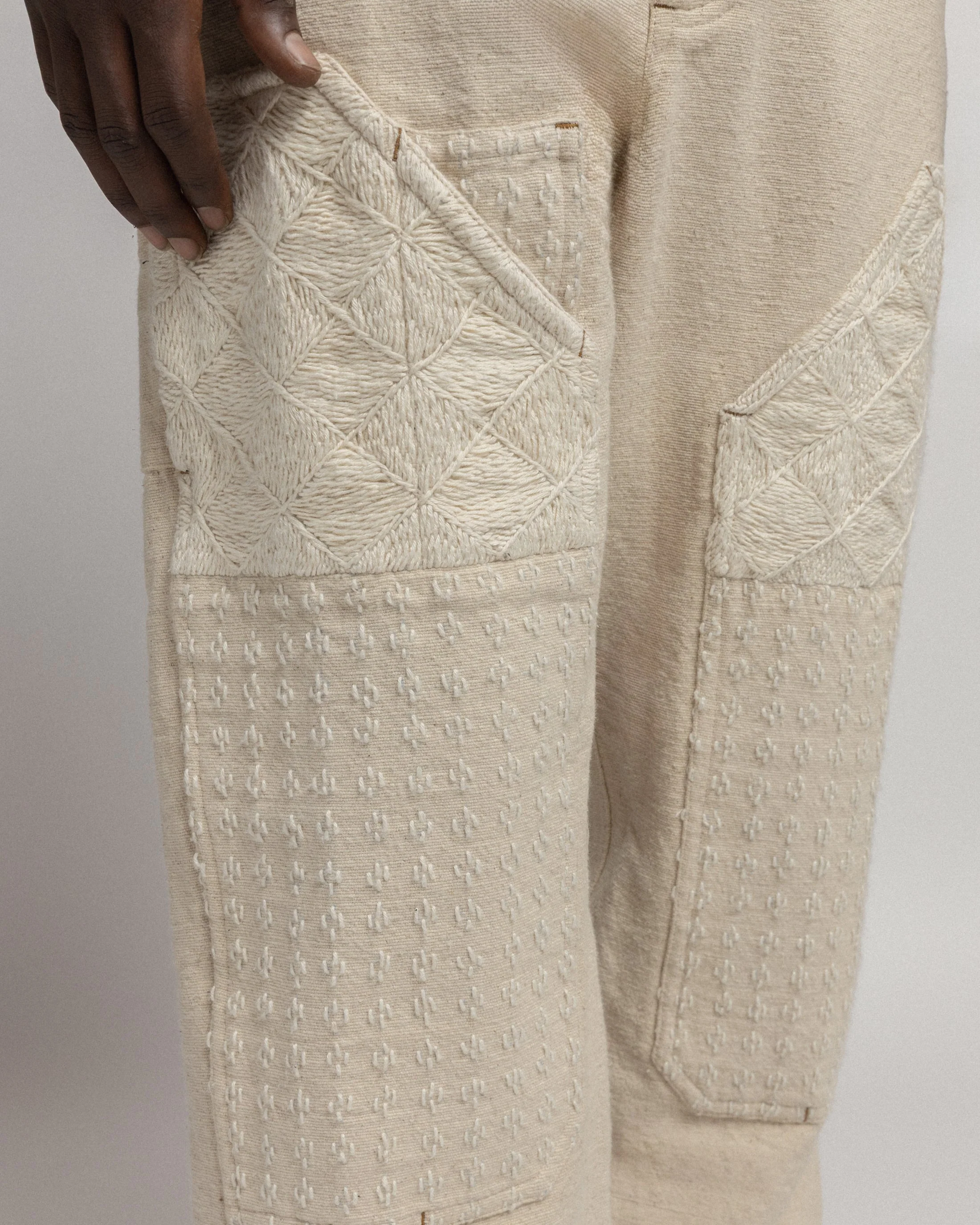 ELI HAND-EMBROIDERED DOUBLE KNEE WORK PANT - UNDYED ECRU HANDSPUN COTTON CANVAS - Image 6
