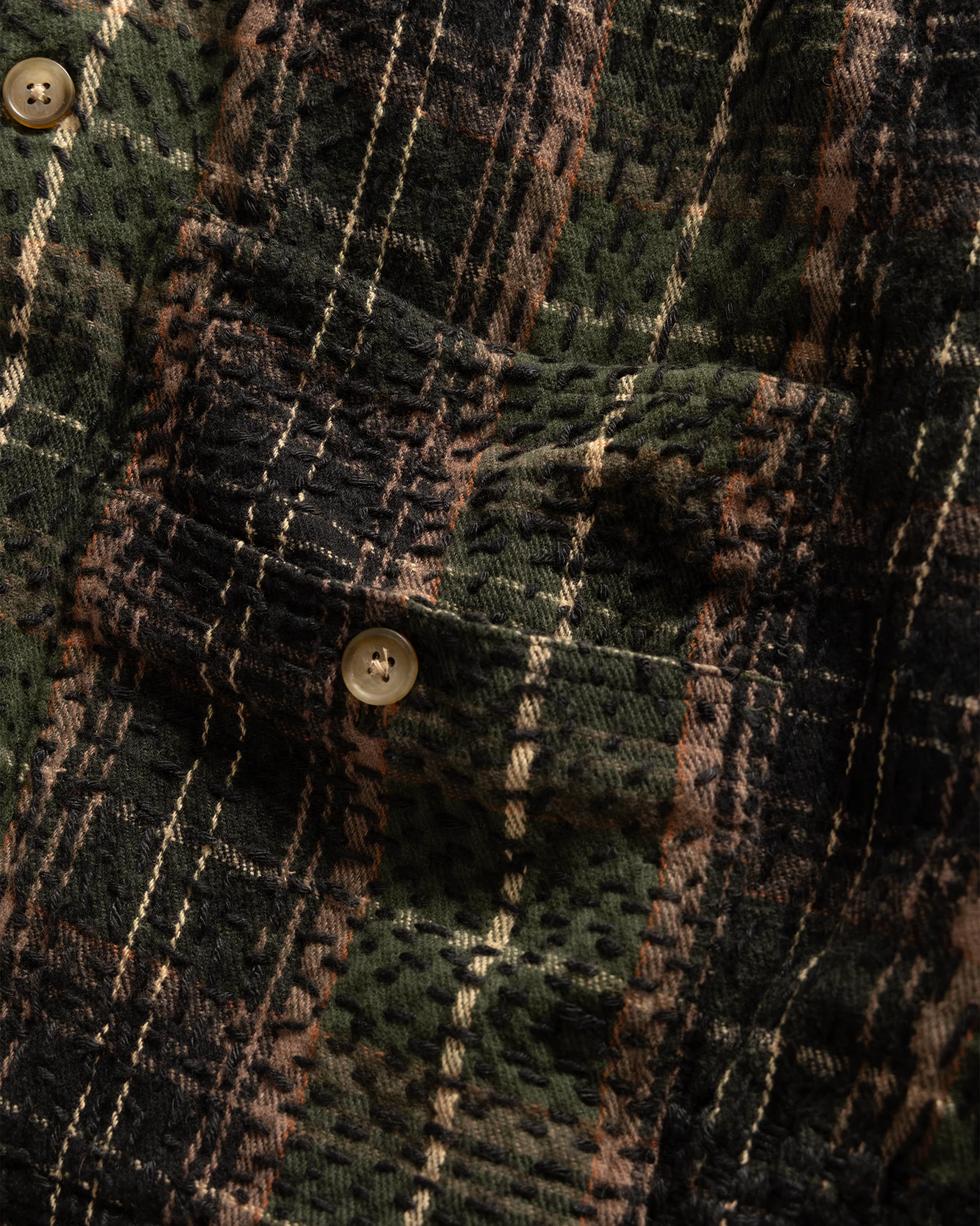 PILCHUCK HAND-EMBROIDERED OVERSHIRT - HUNTER / SHROOM / ECRU / CLAY COTTON FLANNEL WITH KANTHA STITCHING - Image 3