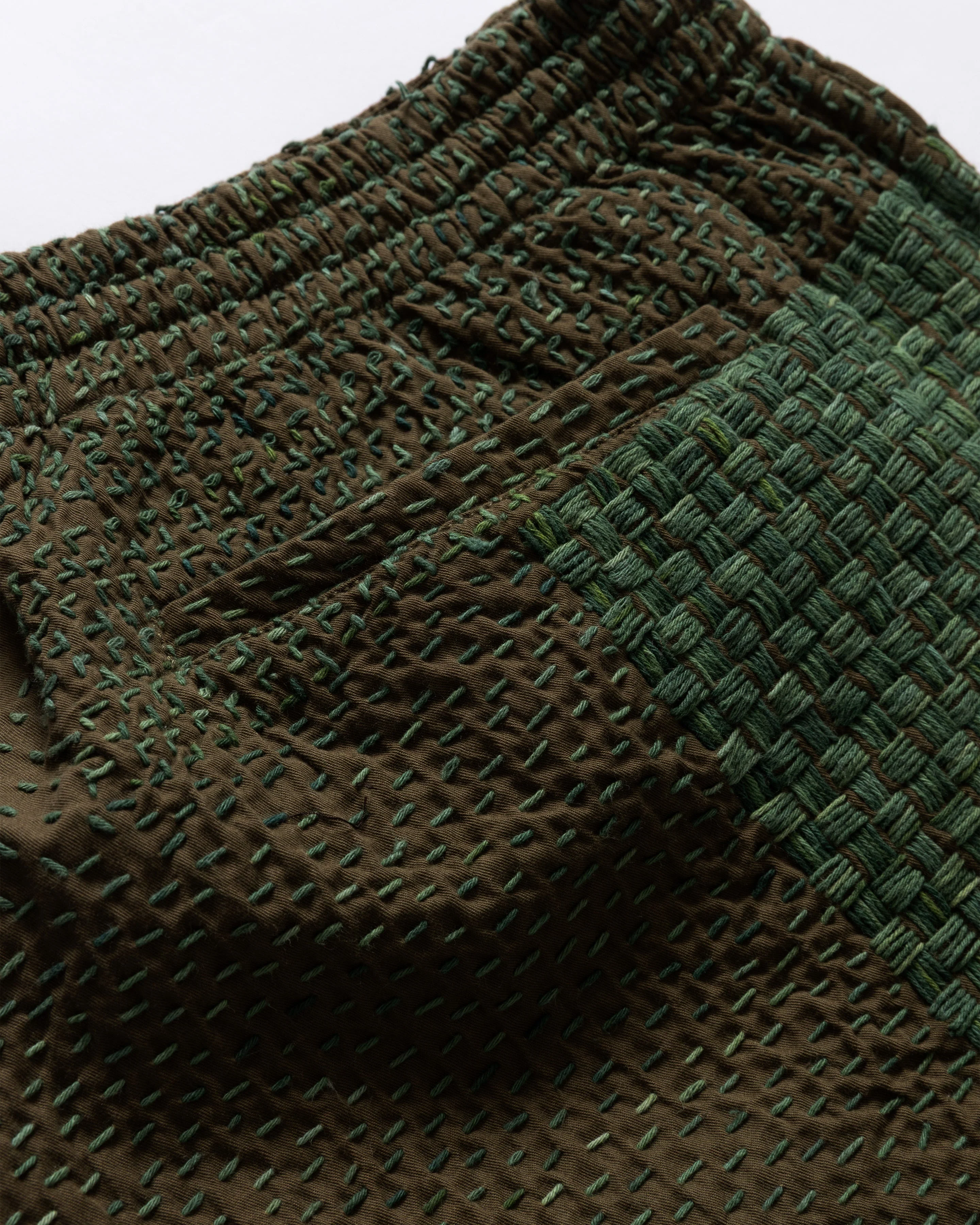 JAIPUR EASY SHORTS - OLIVE / "GRINDIGO" PATCHWORK KANTHA STITCHED COTTON CANVAS - Image 5