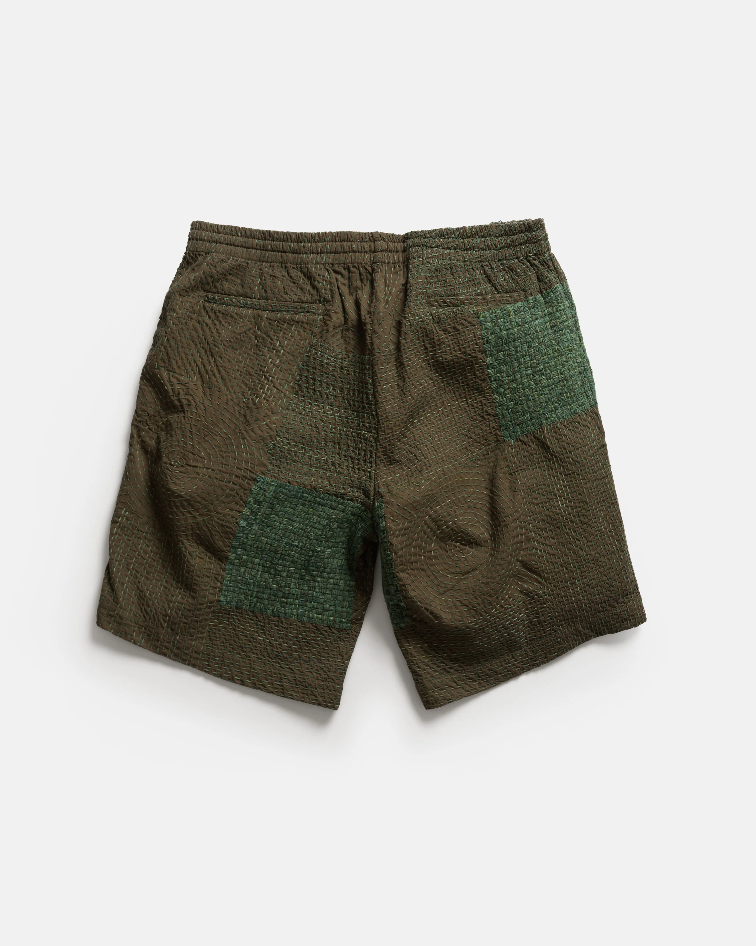 JAIPUR EASY SHORTS - OLIVE / "GRINDIGO" PATCHWORK KANTHA STITCHED COTTON CANVAS - Image 6