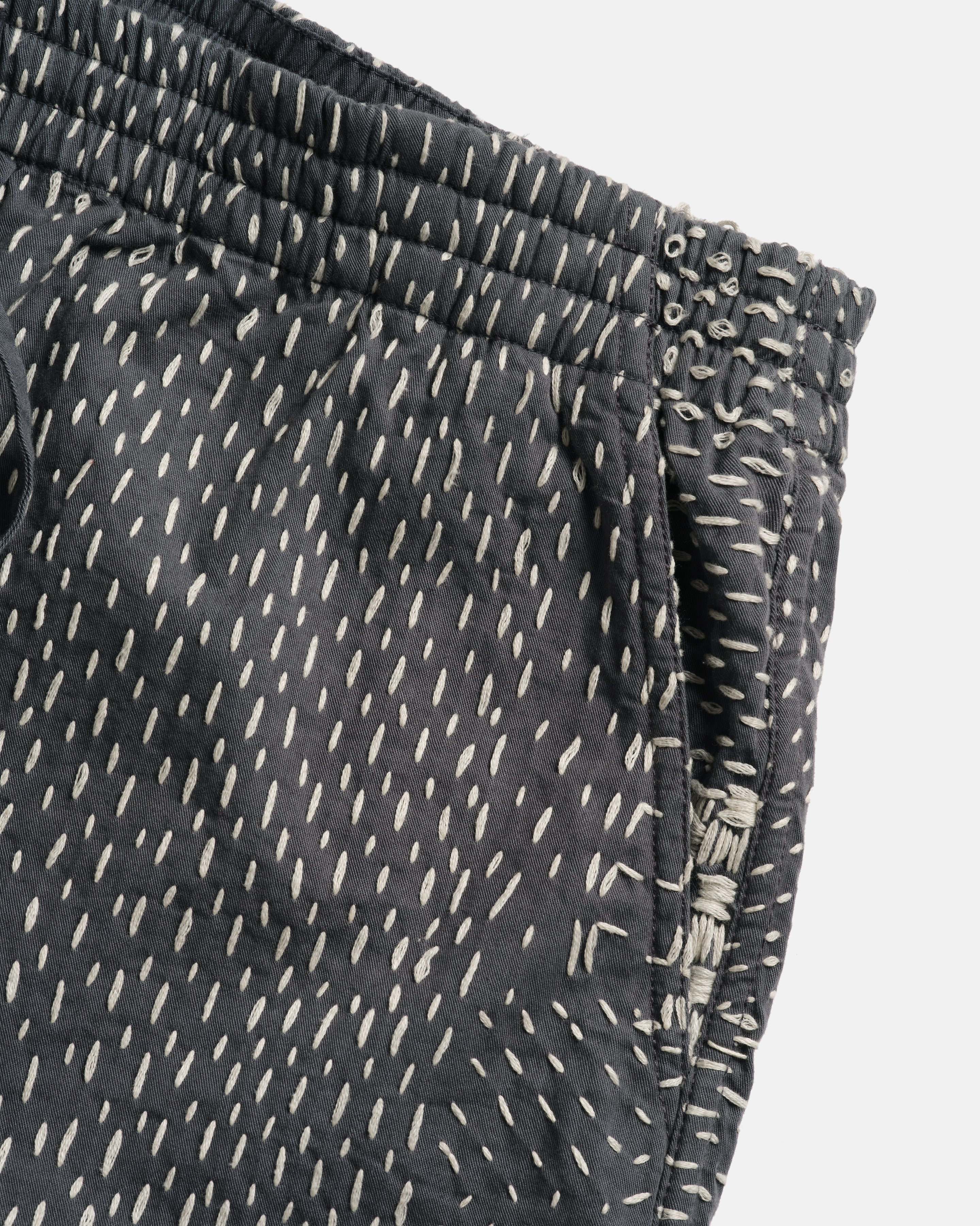 JAIPUR EASY SHORTS - WASHED SLATE/ECRU PATCHWORK KANTHA STITCHED COTTON CANVAS - Image 10