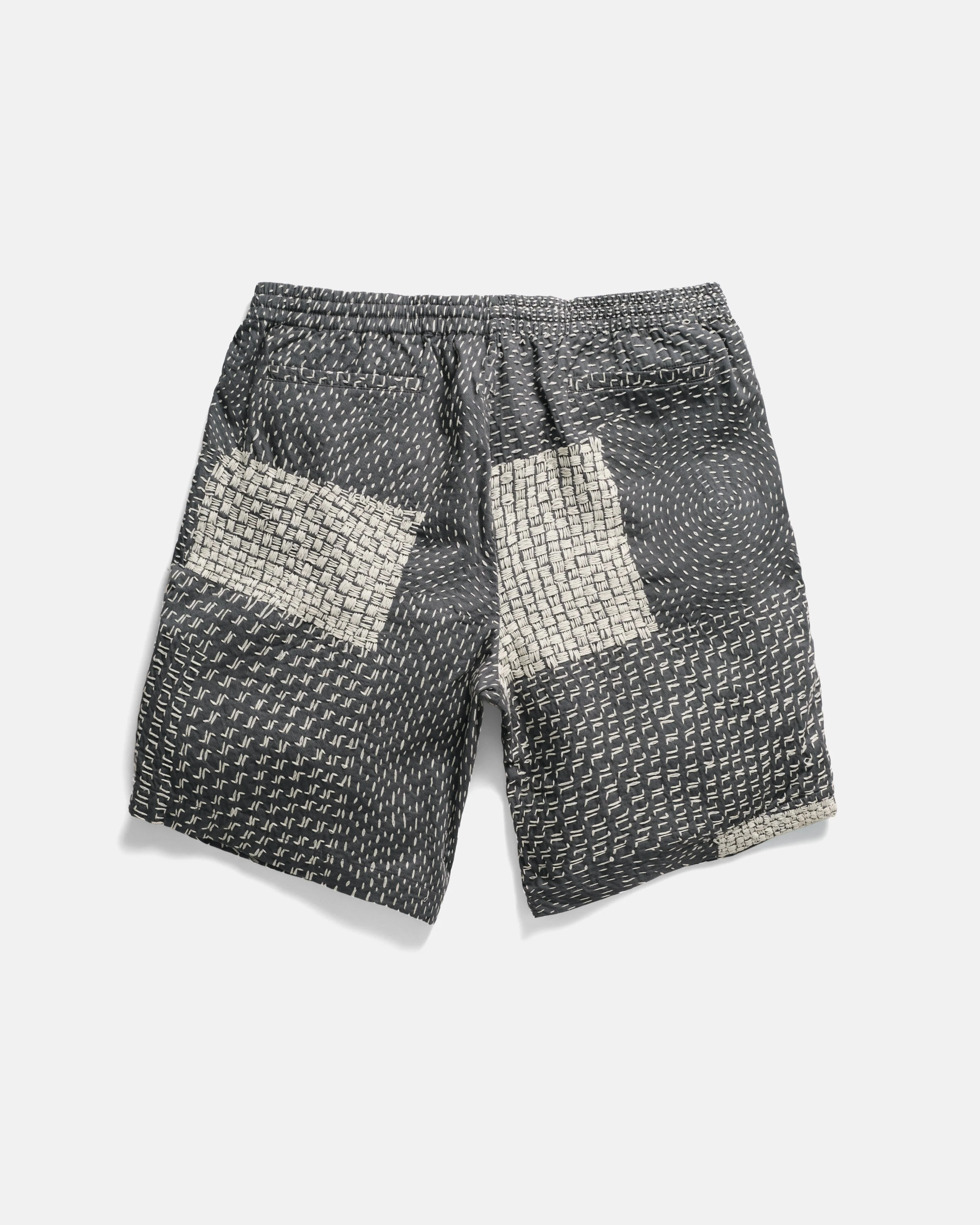JAIPUR EASY SHORTS - WASHED SLATE/ECRU PATCHWORK KANTHA STITCHED COTTON CANVAS - Image 11