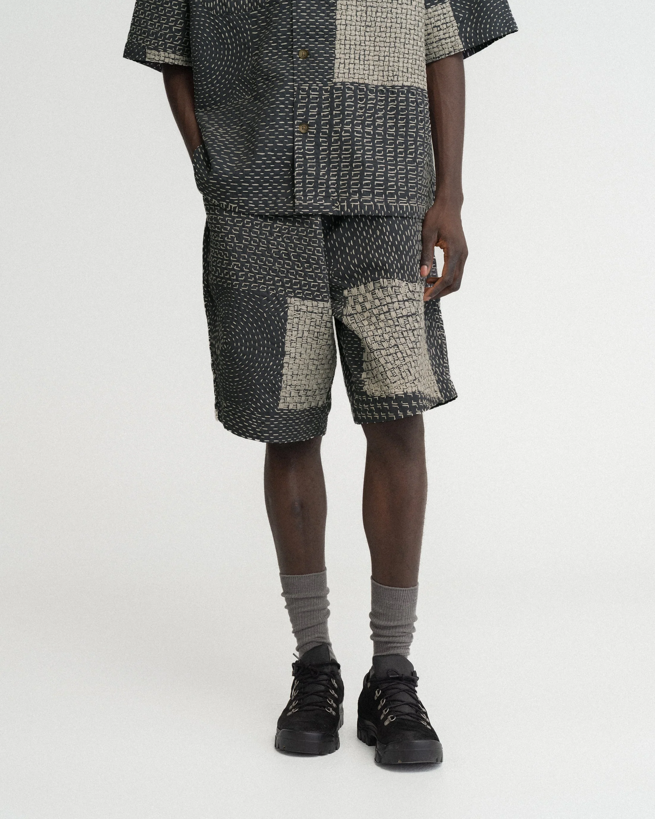 JAIPUR EASY SHORTS - WASHED SLATE/ECRU PATCHWORK KANTHA STITCHED COTTON CANVAS - Image 2