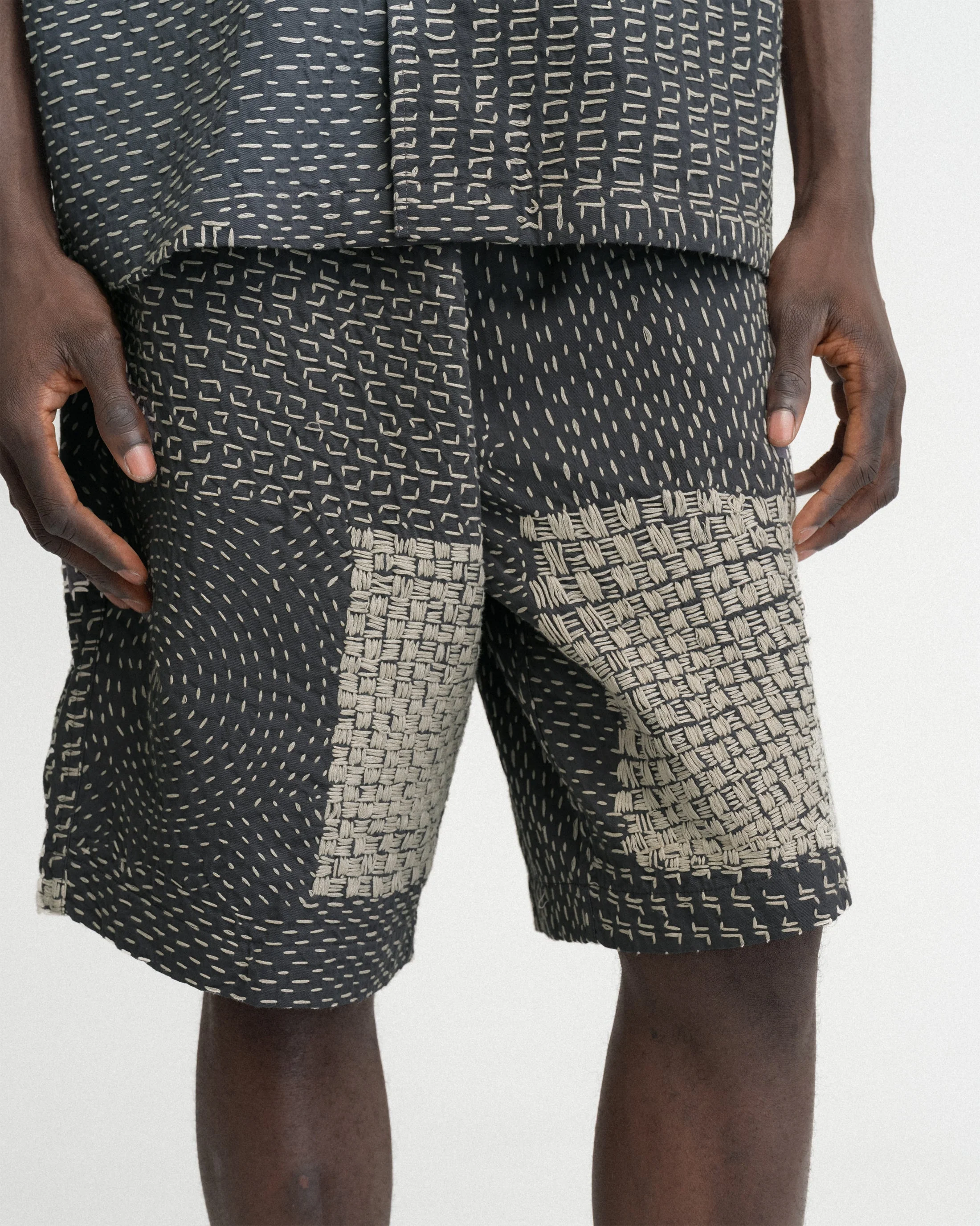 JAIPUR EASY SHORTS - WASHED SLATE/ECRU PATCHWORK KANTHA STITCHED COTTON CANVAS - Image 6