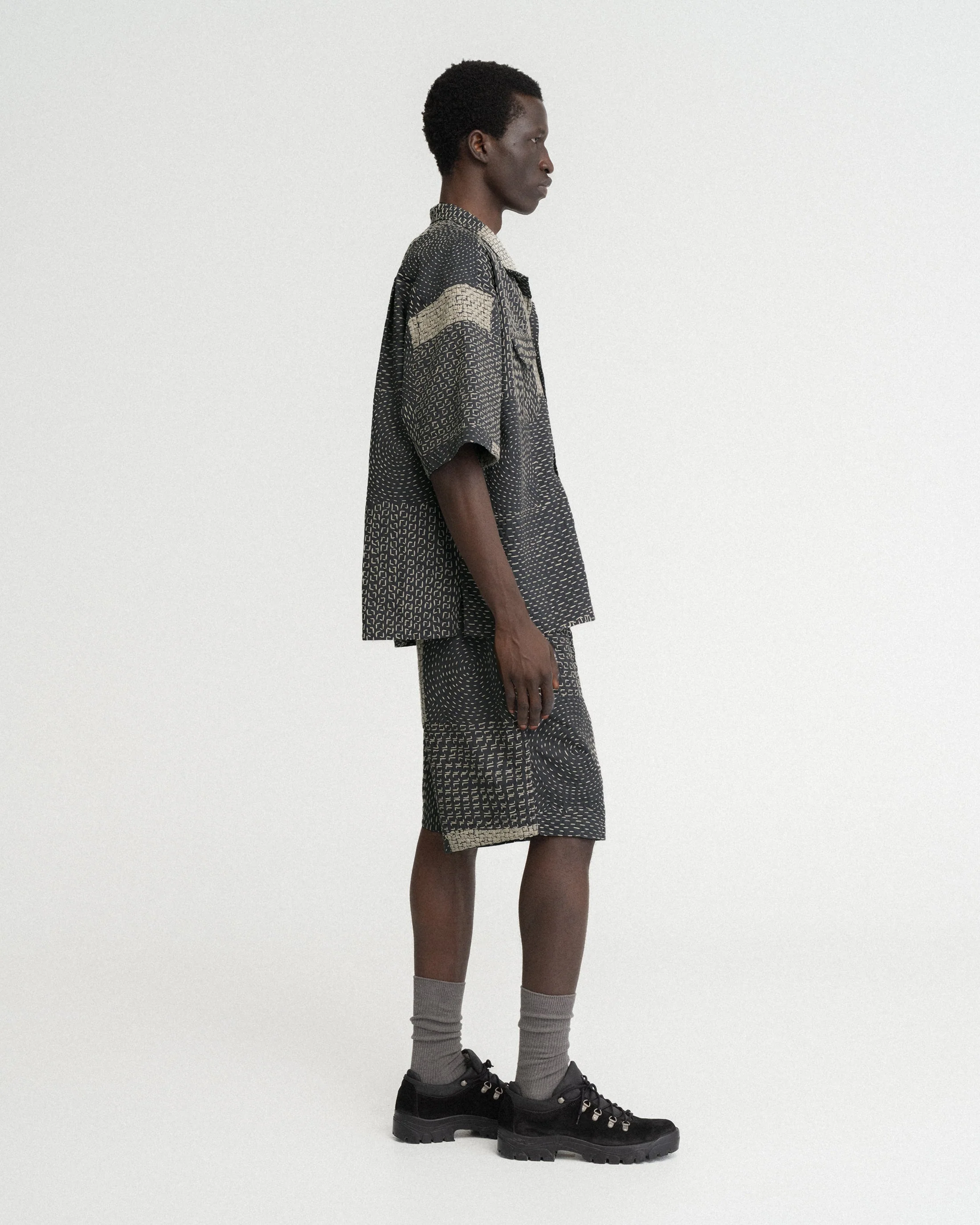 JAIPUR EASY SHORTS - WASHED SLATE/ECRU PATCHWORK KANTHA STITCHED COTTON CANVAS - Image 7