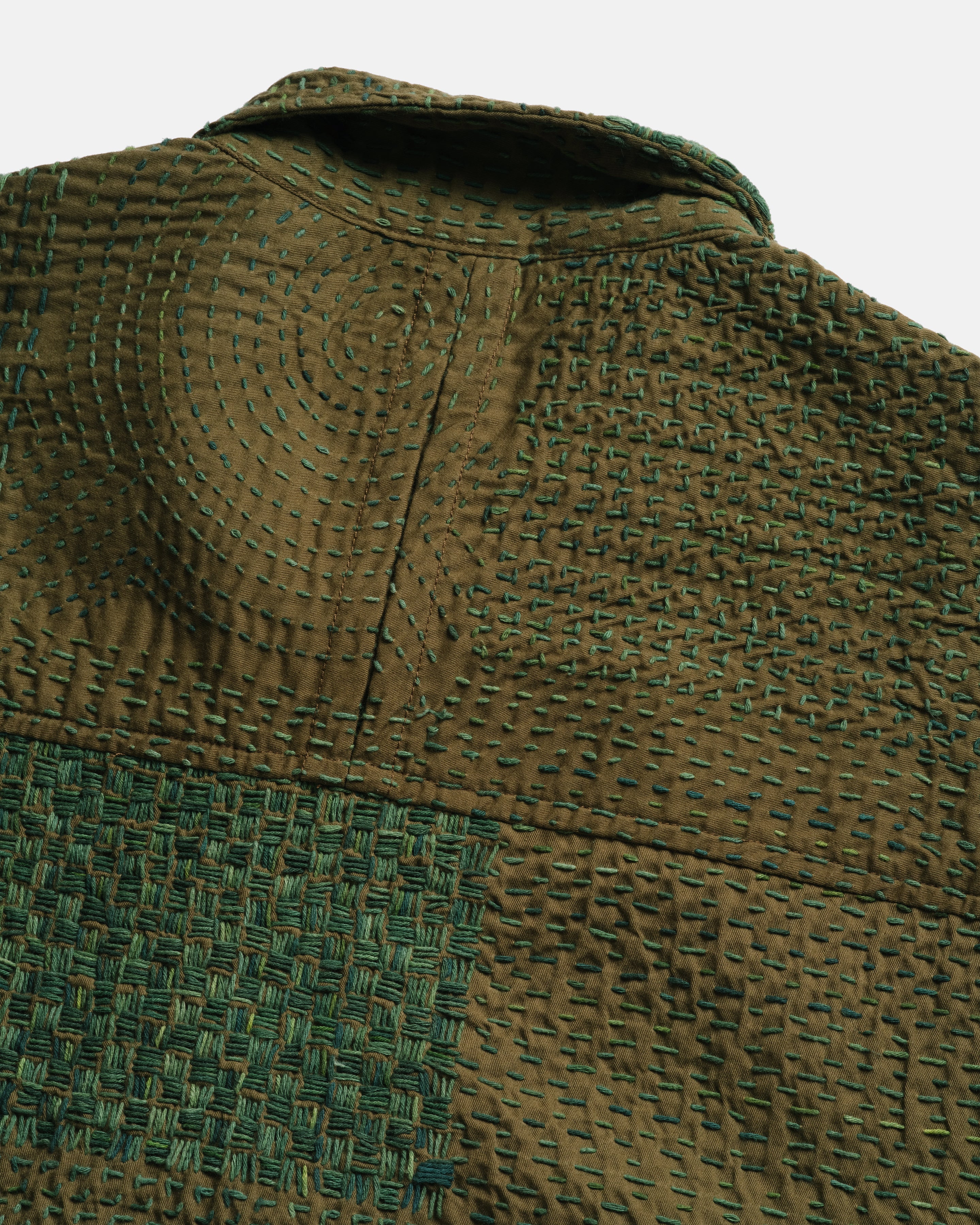 L/S SAM SHIRT - OLIVE / "GRINDIGO" PATCHWORK KANTHA STITCHED COTTON CANVAS - Image 10