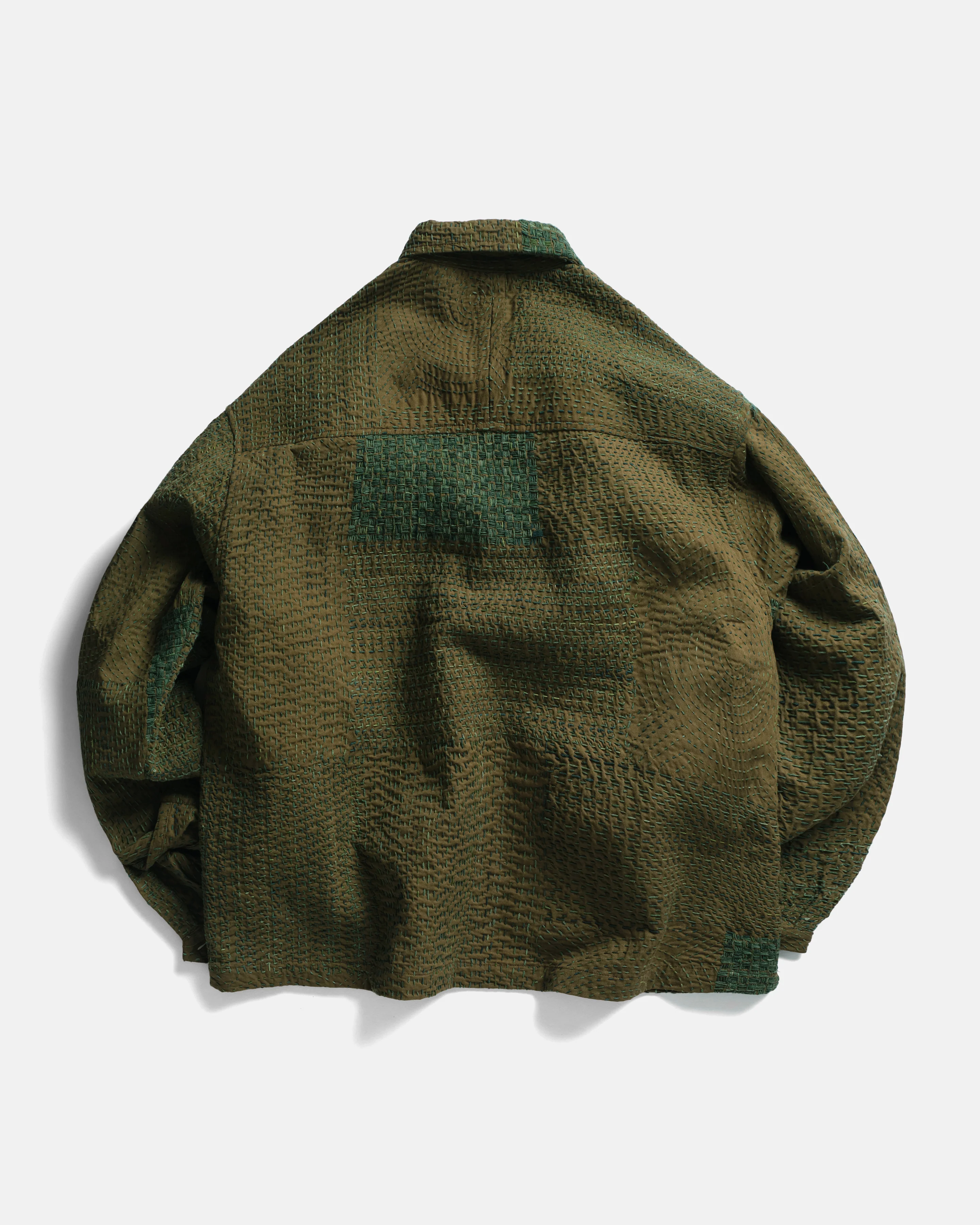 L/S SAM SHIRT - OLIVE / "GRINDIGO" PATCHWORK KANTHA STITCHED COTTON CANVAS - Image 11