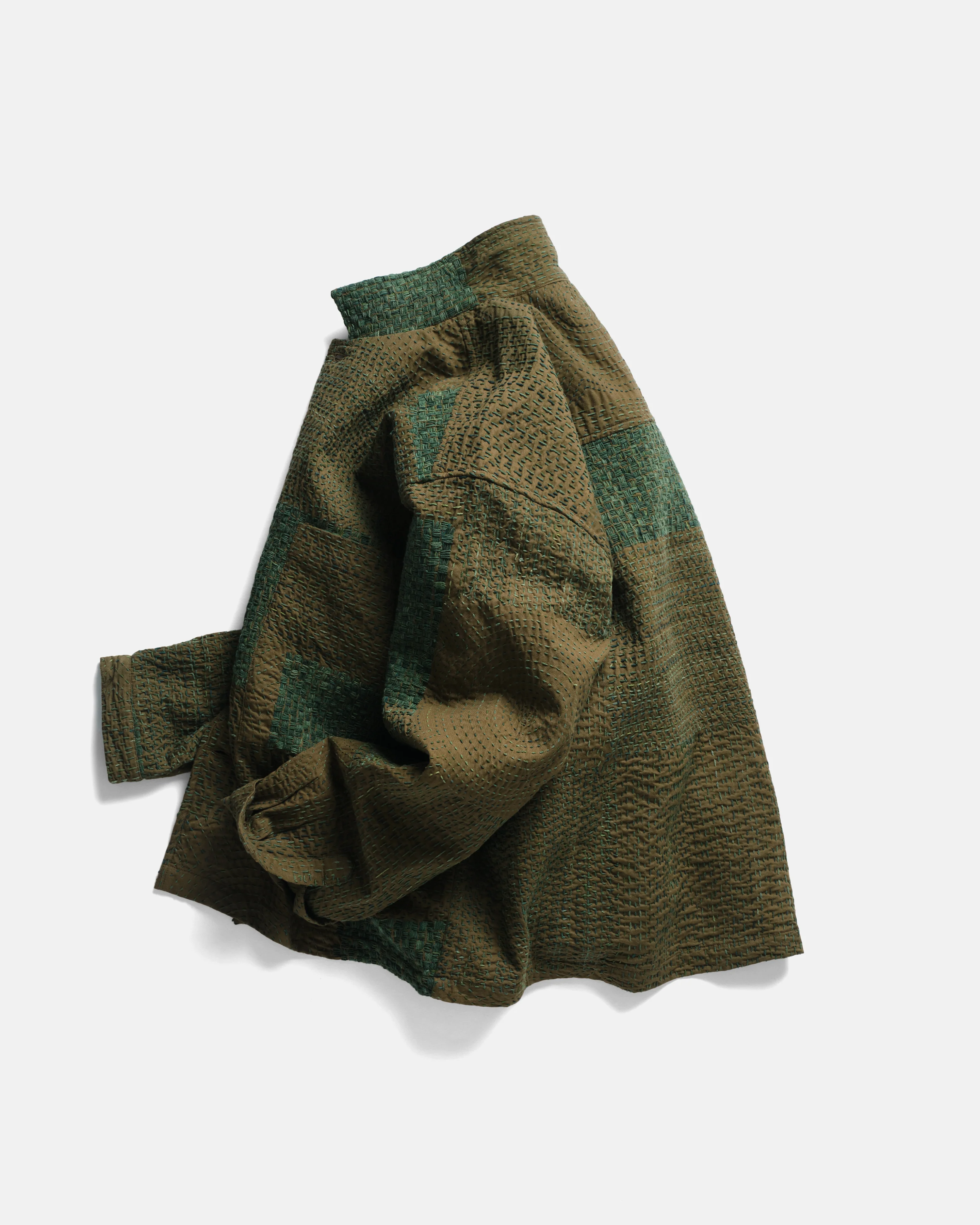 L/S SAM SHIRT - OLIVE / "GRINDIGO" PATCHWORK KANTHA STITCHED COTTON CANVAS - Image 3