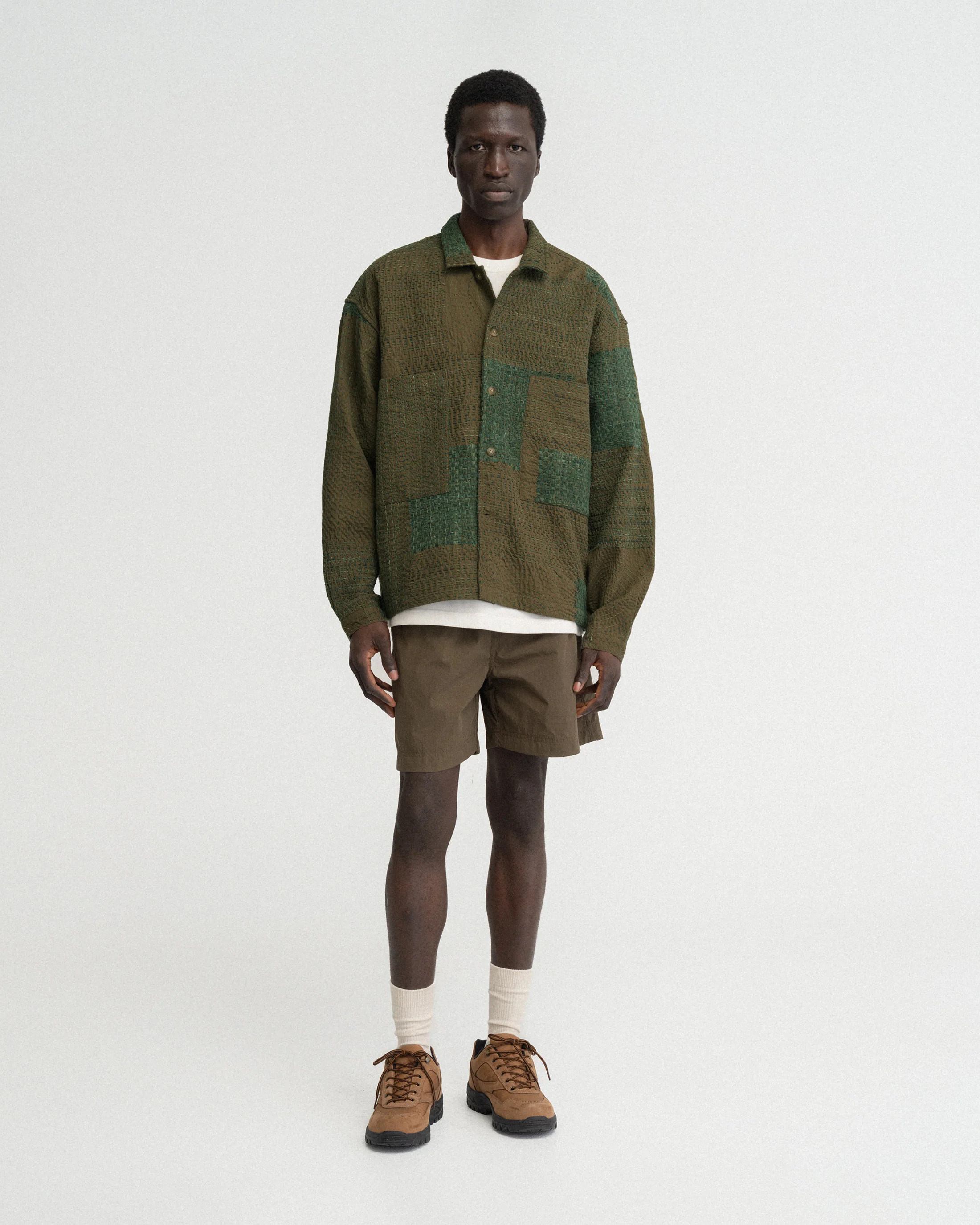 L/S SAM SHIRT - OLIVE / "GRINDIGO" PATCHWORK KANTHA STITCHED COTTON CANVAS - Image 4