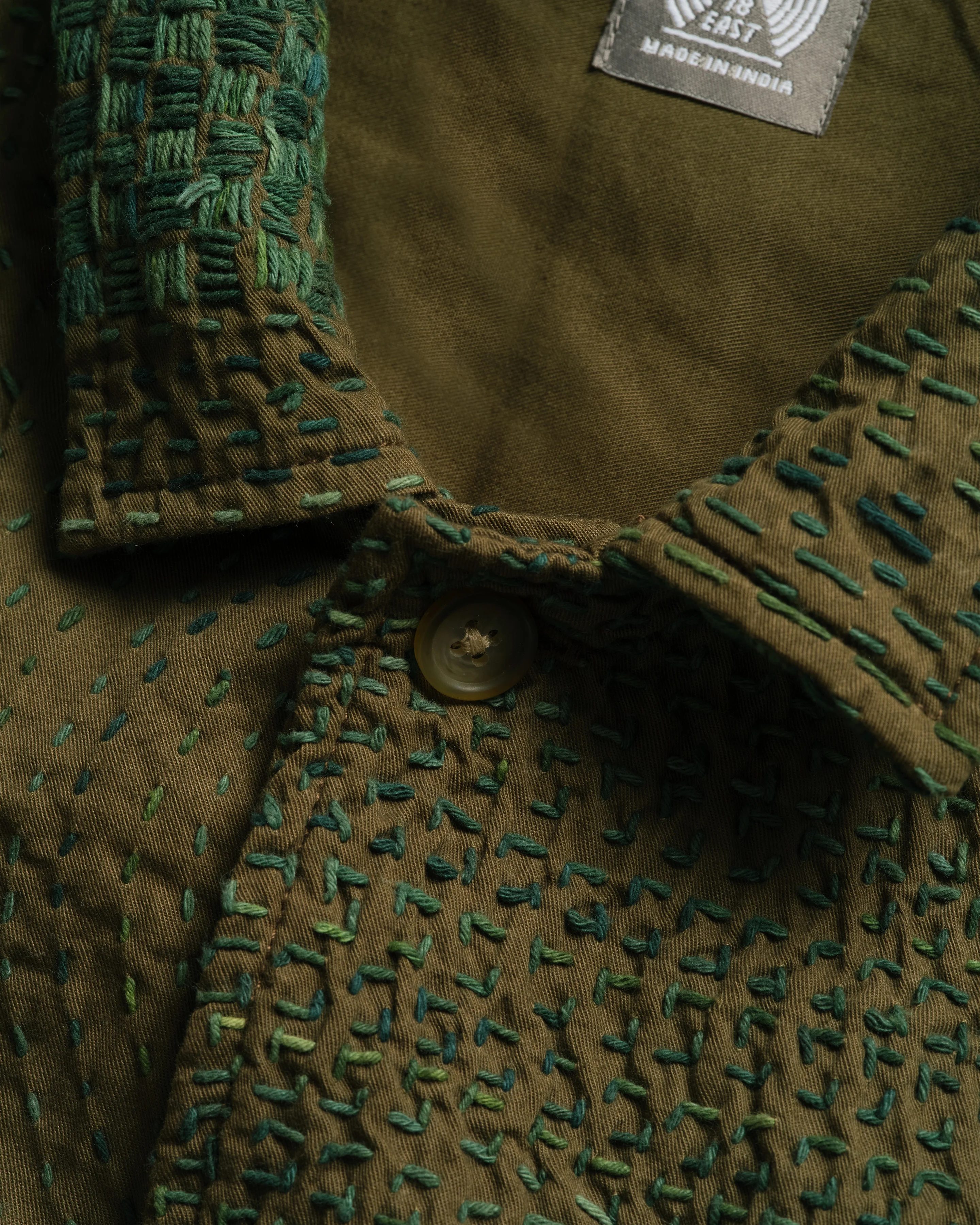 L/S SAM SHIRT - OLIVE / "GRINDIGO" PATCHWORK KANTHA STITCHED COTTON CANVAS - Image 5
