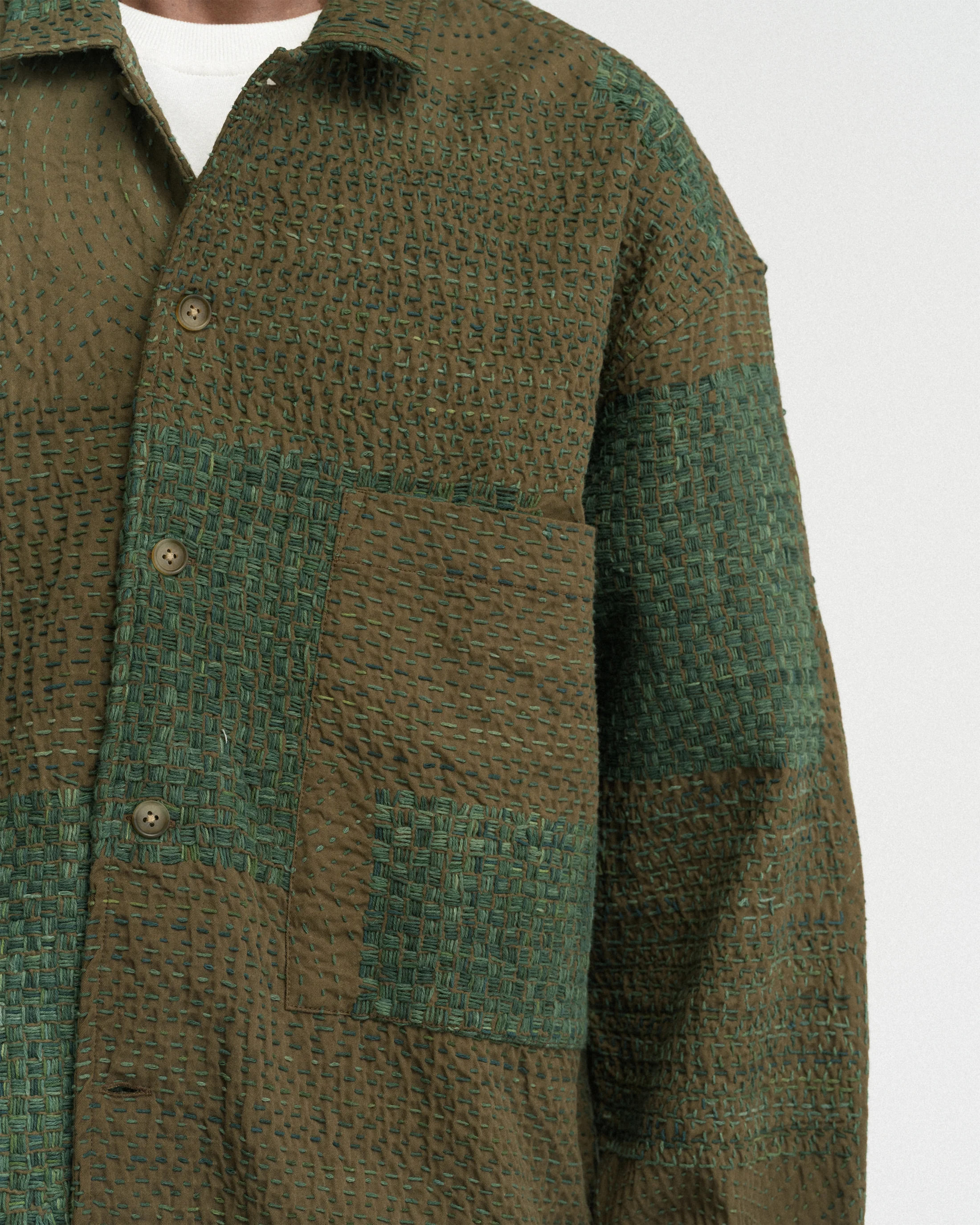 L/S SAM SHIRT - OLIVE / "GRINDIGO" PATCHWORK KANTHA STITCHED COTTON CANVAS - Image 6