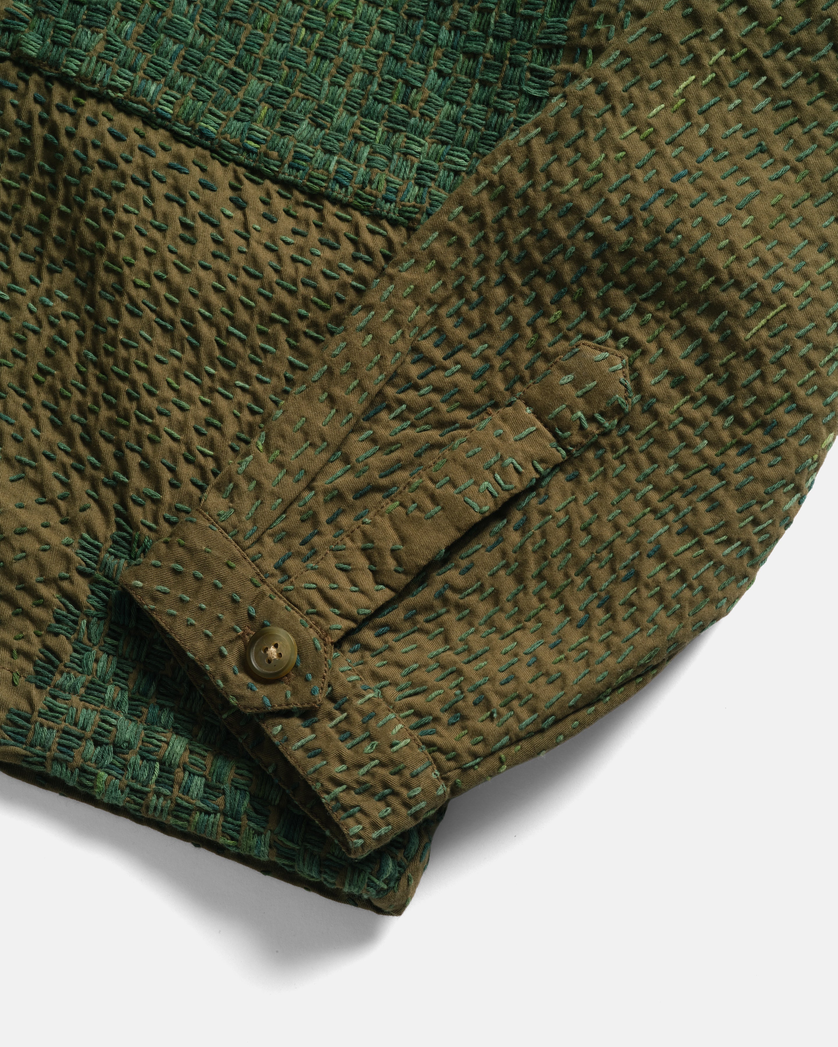 L/S SAM SHIRT - OLIVE / "GRINDIGO" PATCHWORK KANTHA STITCHED COTTON CANVAS - Image 7