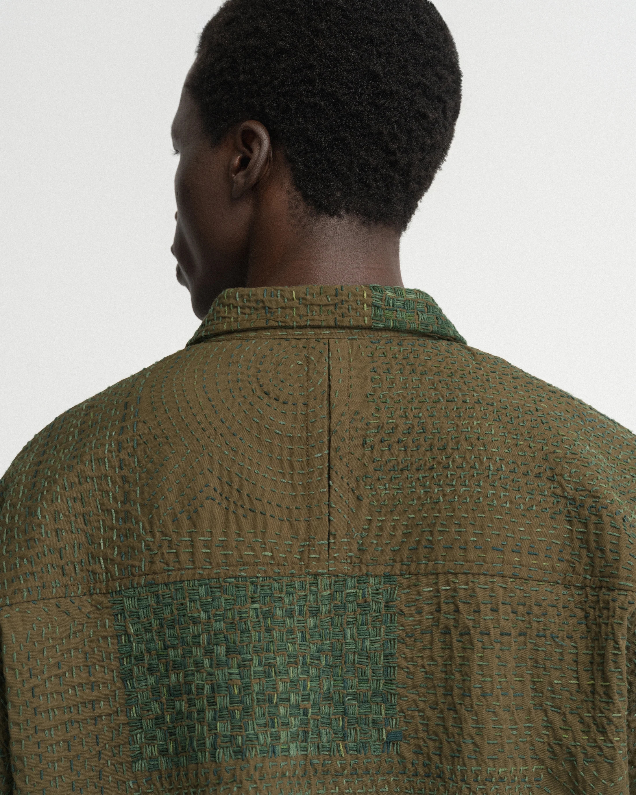 L/S SAM SHIRT - OLIVE / "GRINDIGO" PATCHWORK KANTHA STITCHED COTTON CANVAS - Image 8