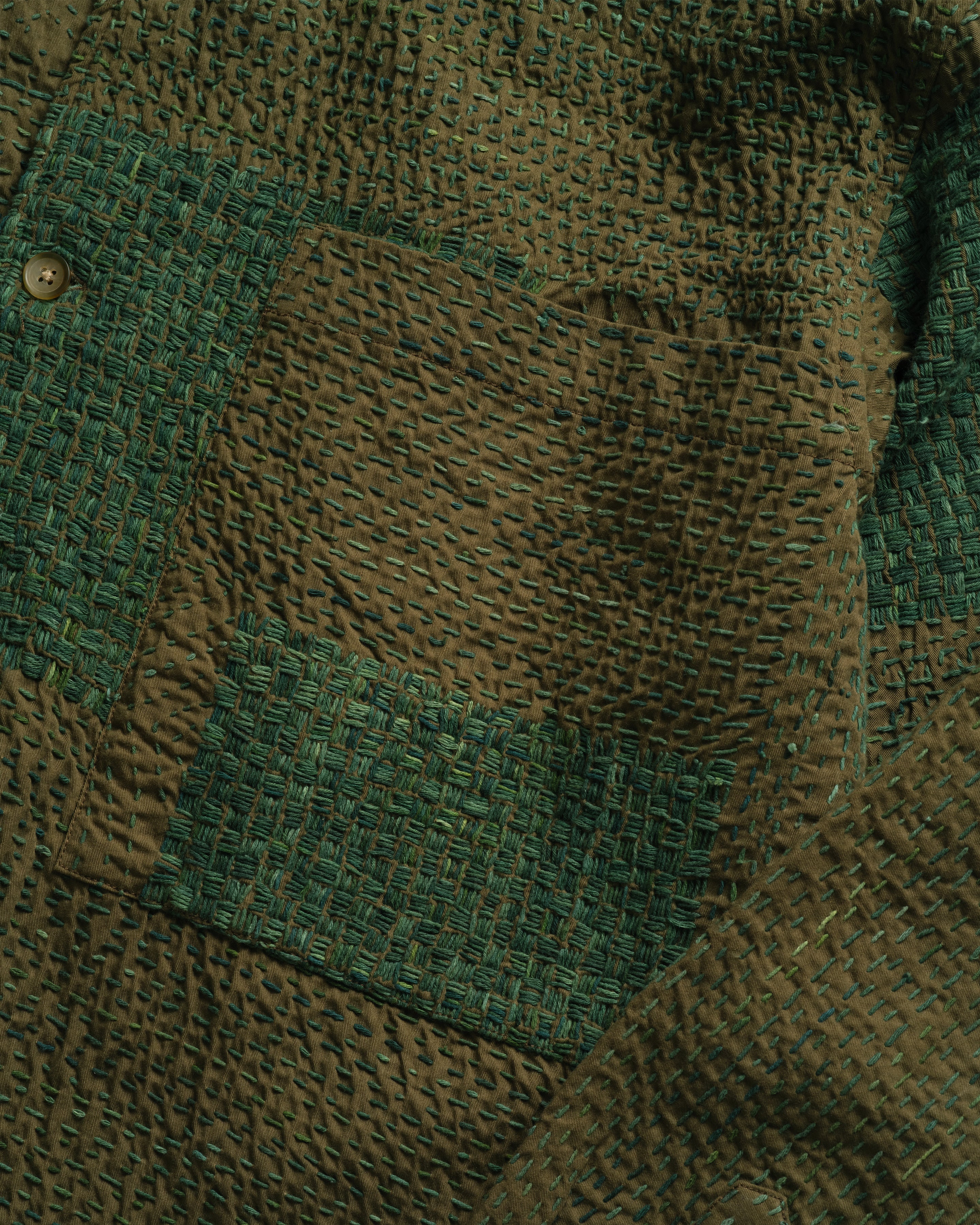 L/S SAM SHIRT - OLIVE / "GRINDIGO" PATCHWORK KANTHA STITCHED COTTON CANVAS - Image 9