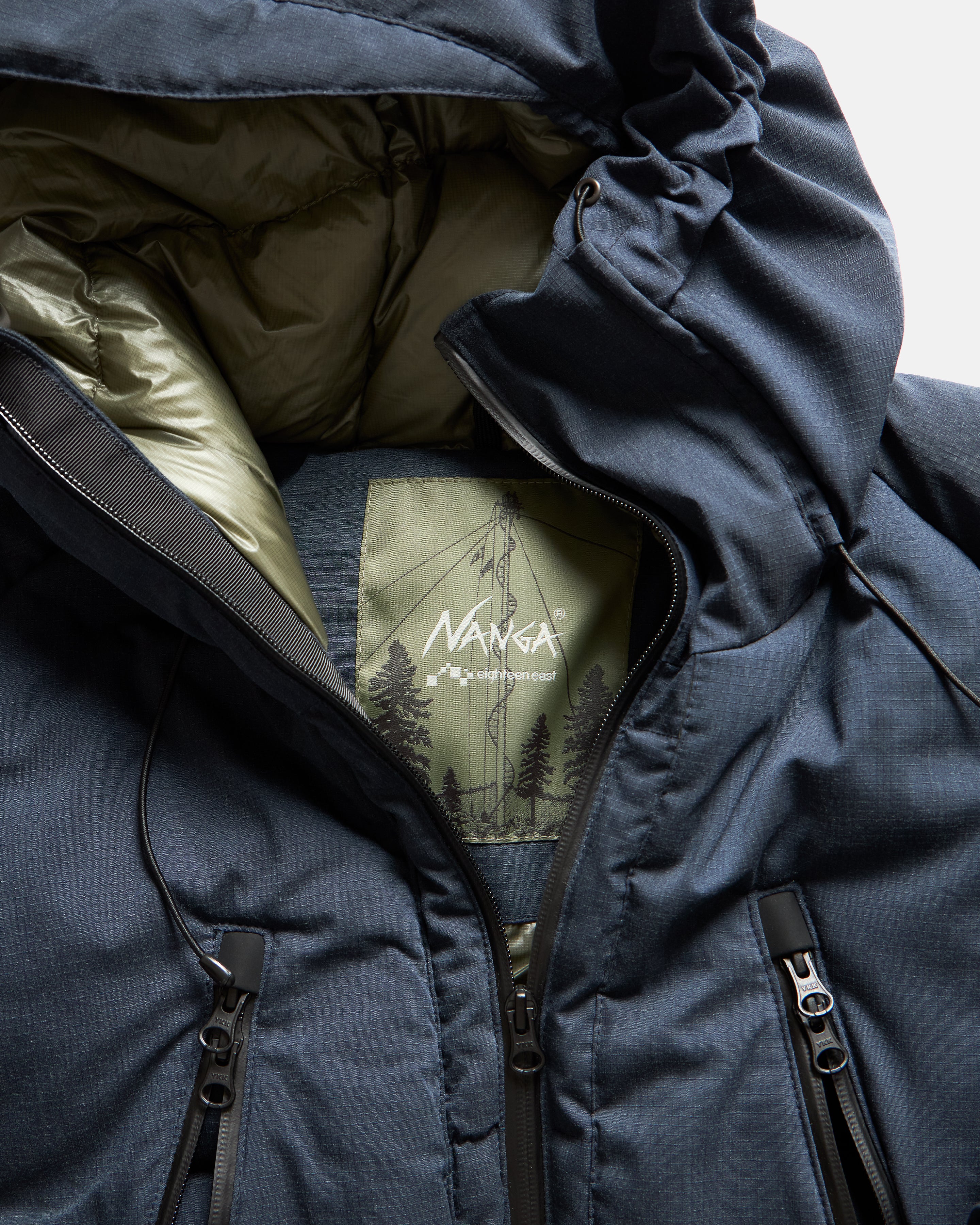 18 EAST / NANGA HOODED LOOKOUT DOWN JACKET - NAVY MELANGE HINOC / OD GREEN 15DN RIPSTOP NYLON - Image 13