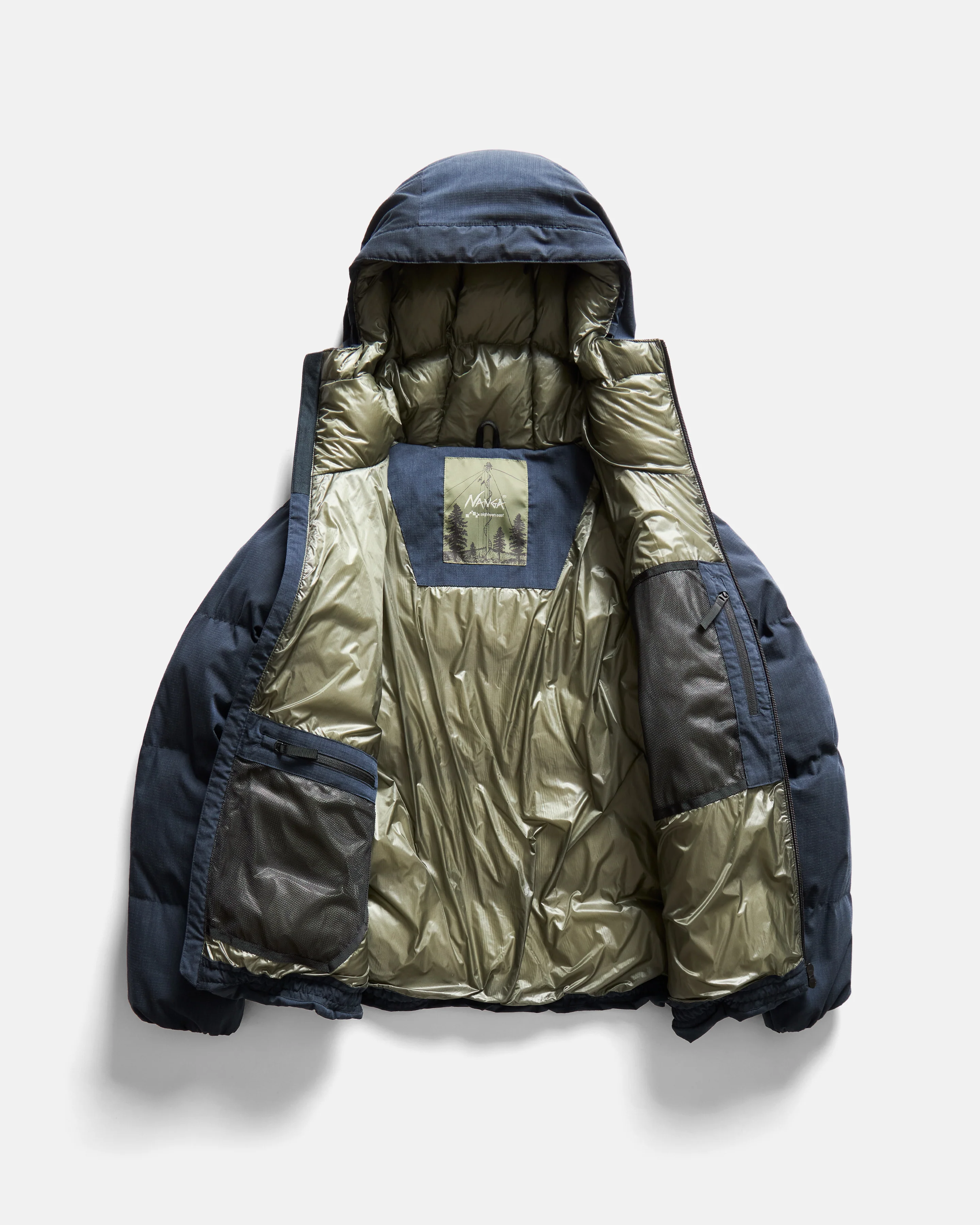 18 EAST / NANGA HOODED LOOKOUT DOWN JACKET - NAVY MELANGE HINOC / OD GREEN 15DN RIPSTOP NYLON - Image 3