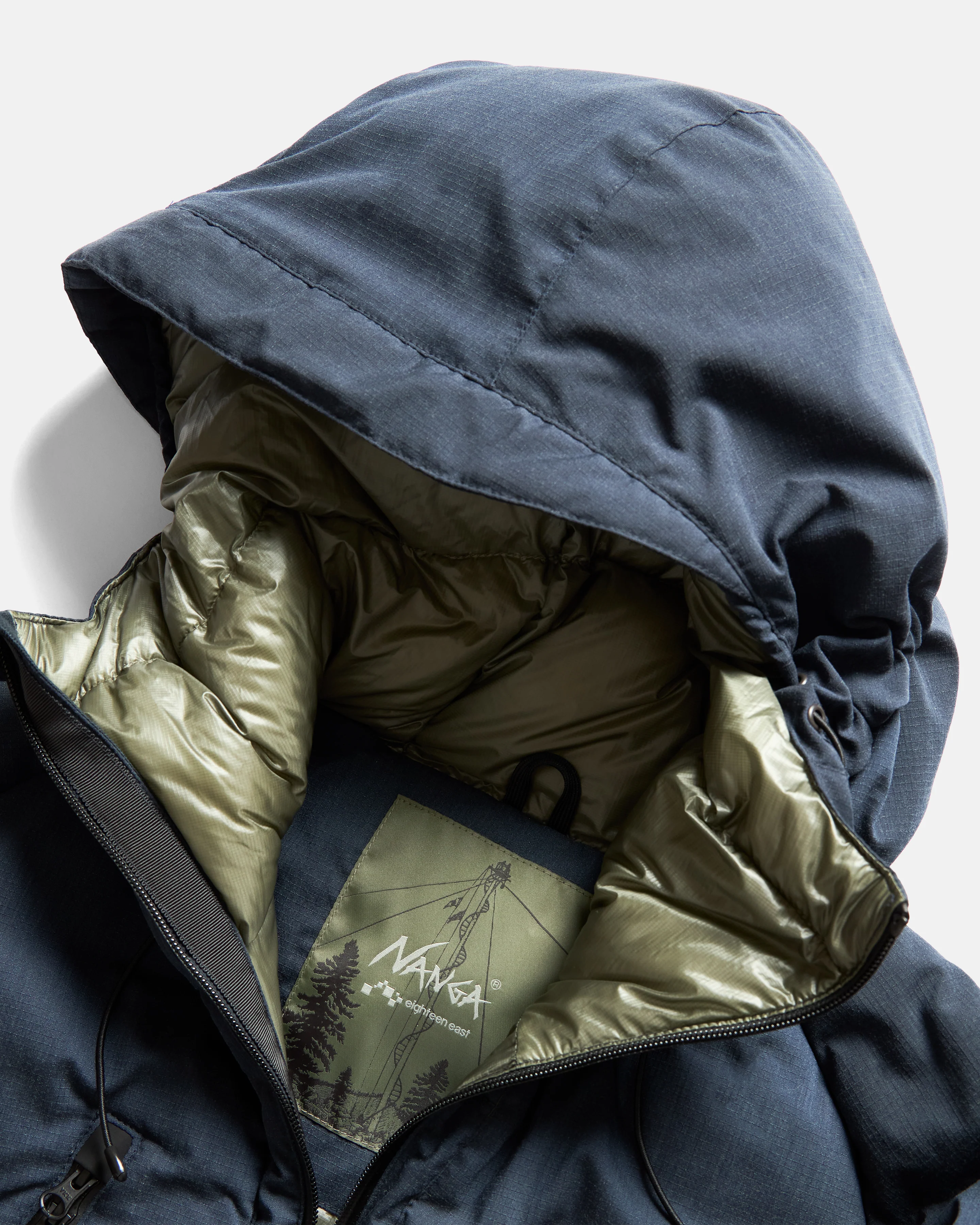 18 EAST / NANGA HOODED LOOKOUT DOWN JACKET - NAVY MELANGE HINOC / OD GREEN 15DN RIPSTOP NYLON - Image 8