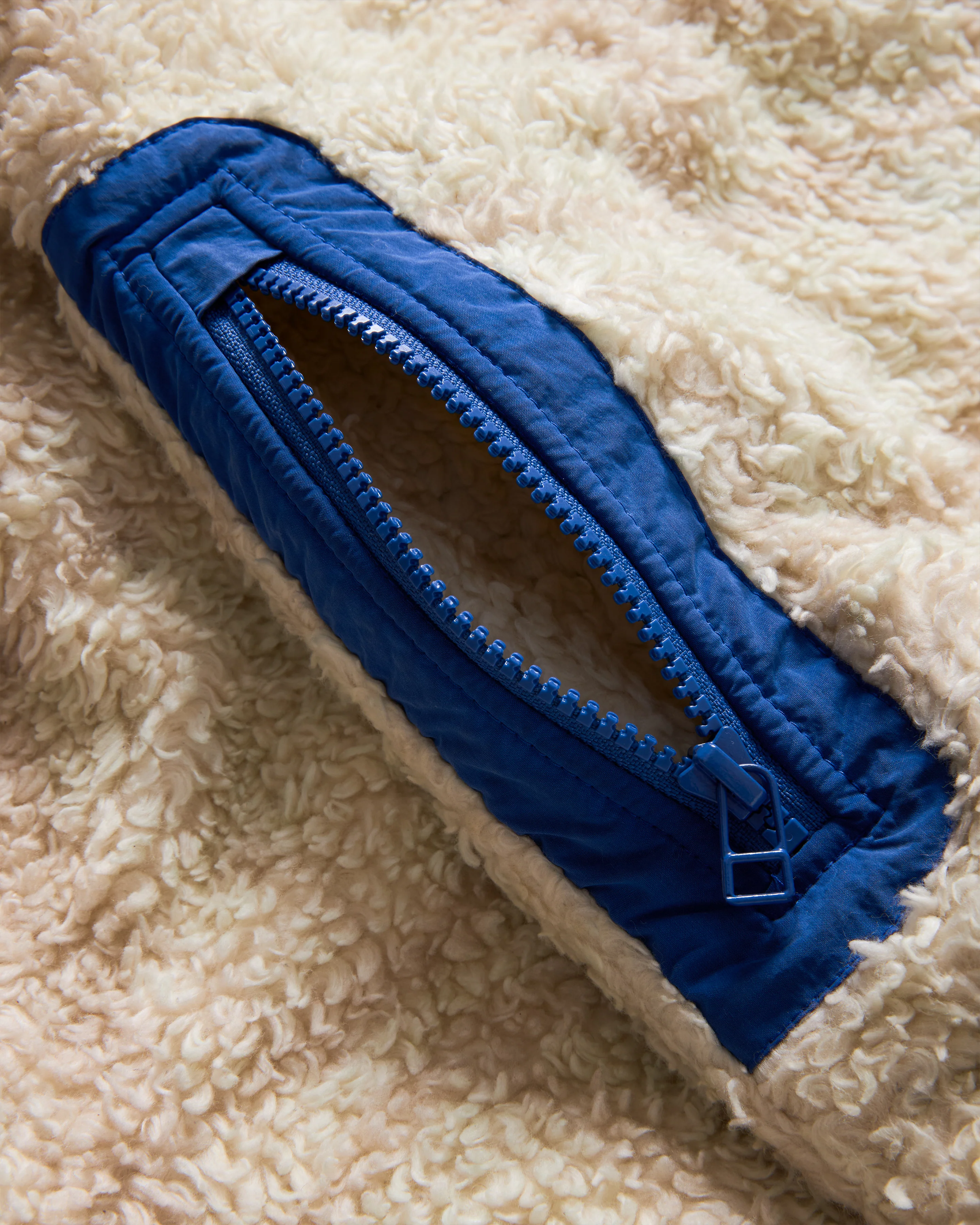 RC2 “WUF” FULLZIP DEEP PILE FLEECE - NATURAL SHADOW SCREENED ORGANIC COTTON SHERPA WITH CLOUDLESS BLUE NYLON DETAILS - Image 3