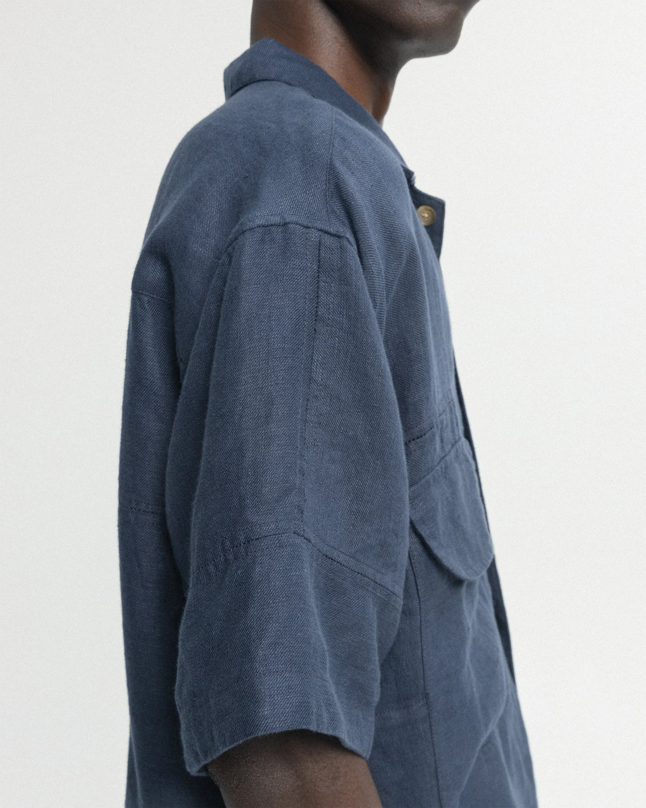 SS AGEROLA LATTICE STITCHED PATCHWORK SHIRT- NAVY LINEN TWILL - Image 10
