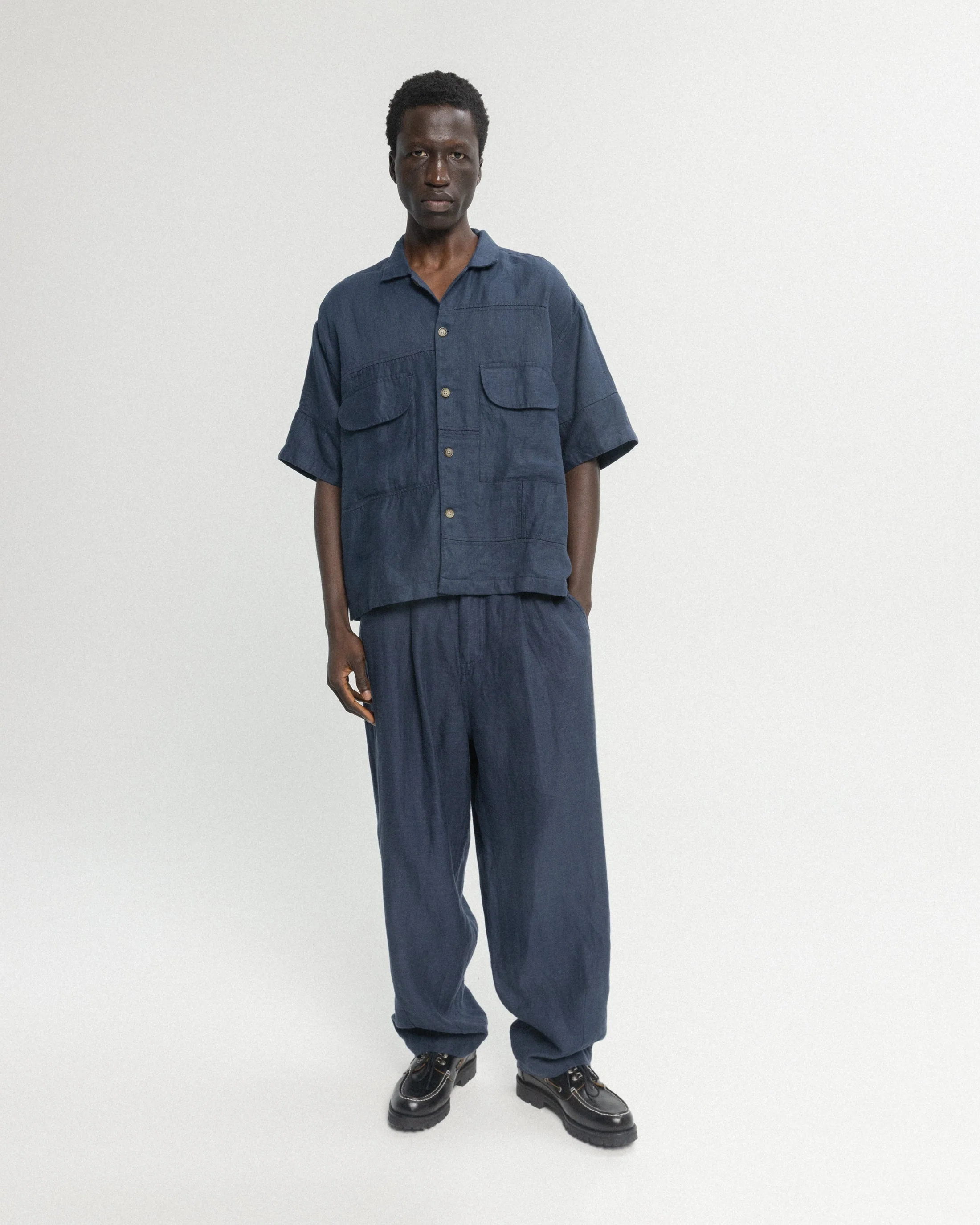 SS AGEROLA LATTICE STITCHED PATCHWORK SHIRT- NAVY LINEN TWILL - Image 4