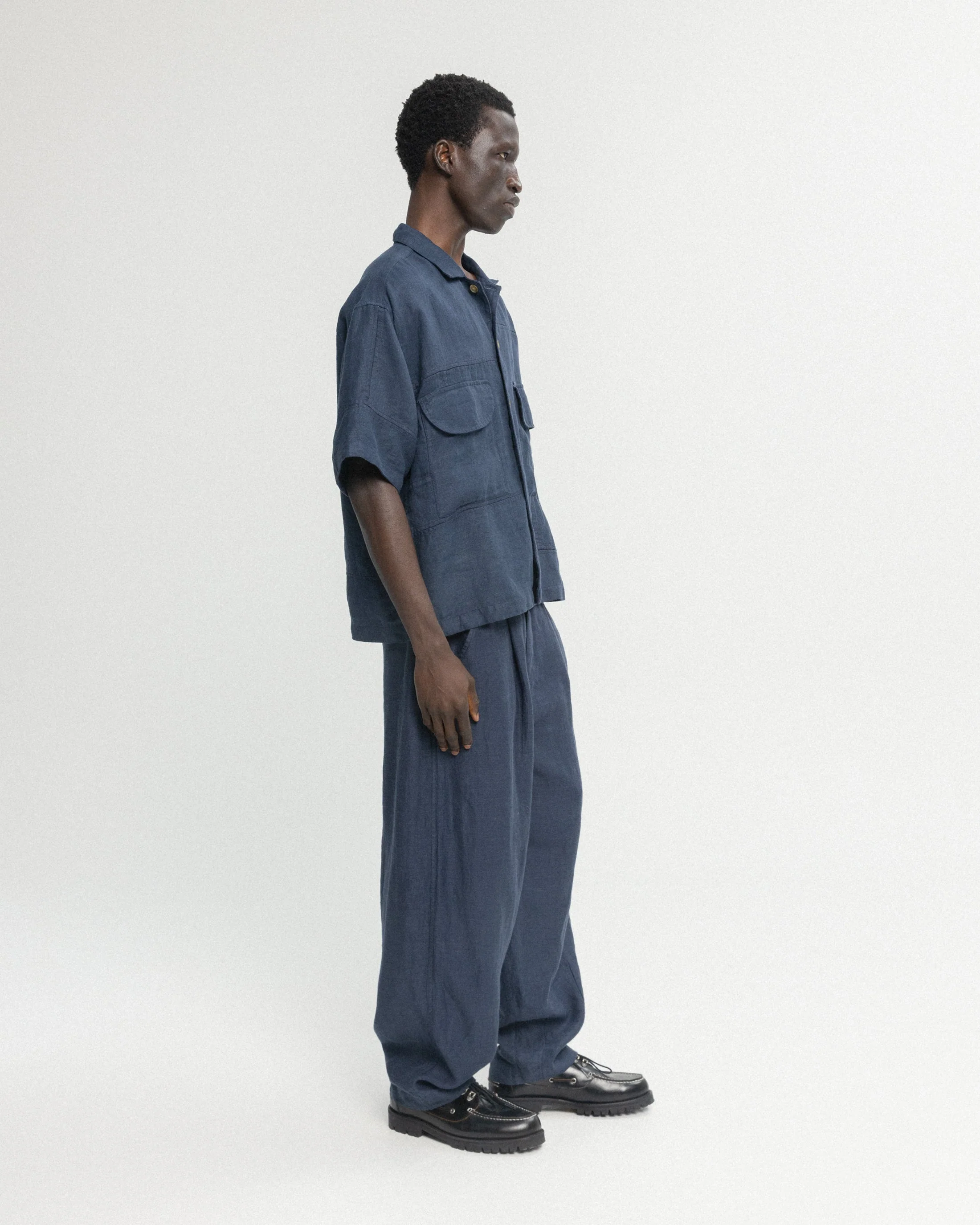 SS AGEROLA LATTICE STITCHED PATCHWORK SHIRT- NAVY LINEN TWILL - Image 6