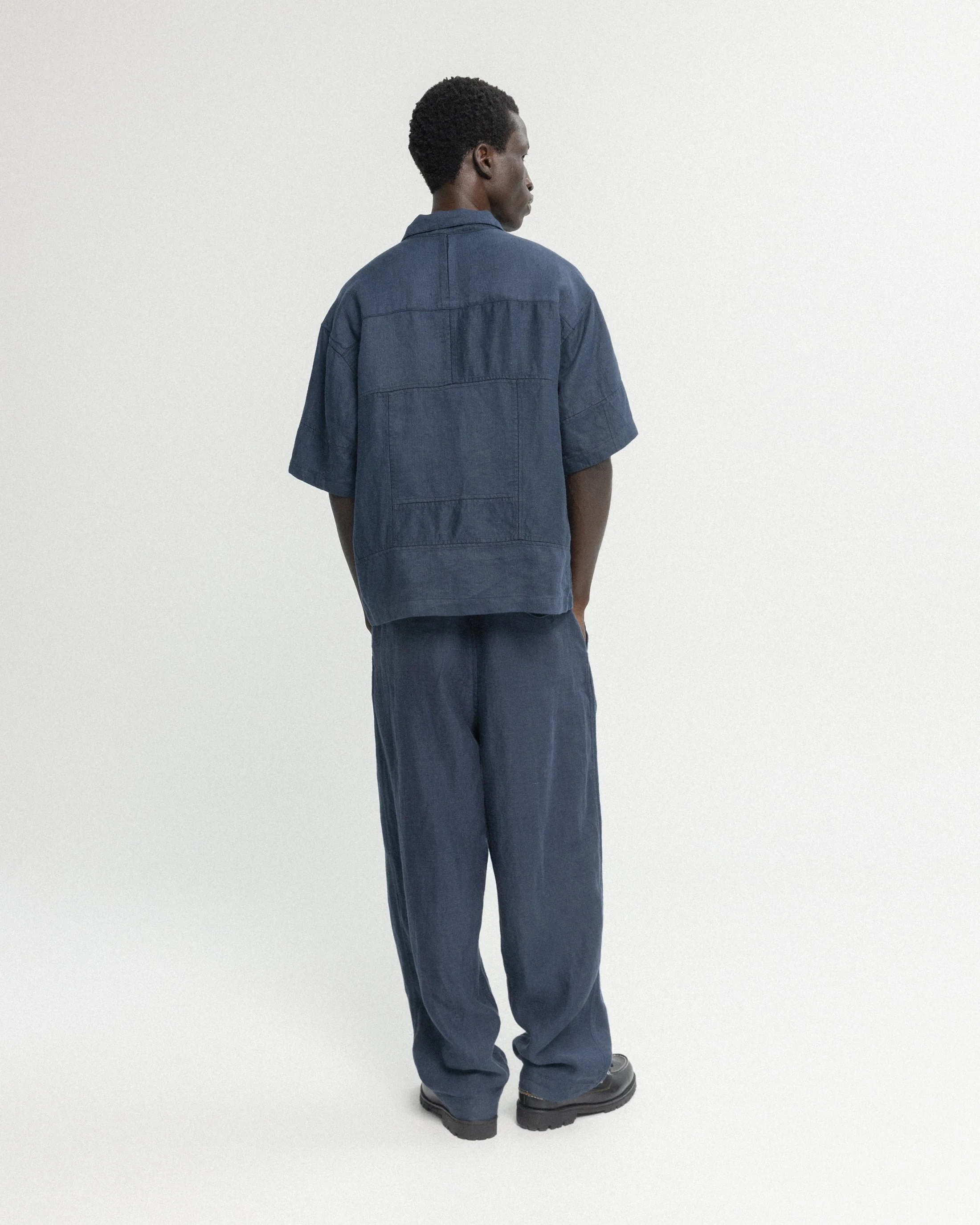 SS AGEROLA LATTICE STITCHED PATCHWORK SHIRT- NAVY LINEN TWILL - Image 8