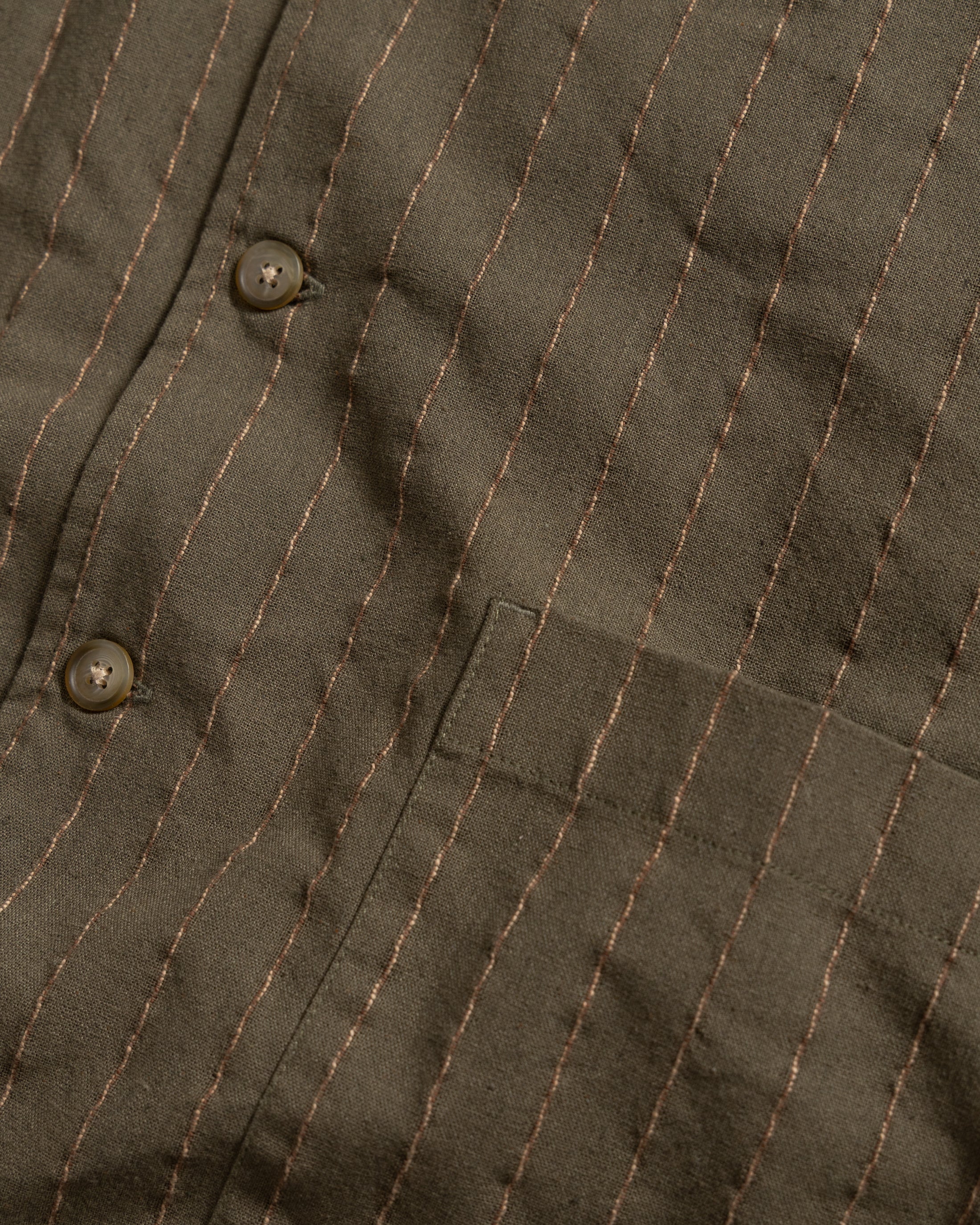 S/S SINGLE POCKET SAM SHIRT - ARMY / SAND / CHOCOLATE TWISTED STRIPE SUMMER COTTON / LINEN OXFORD - Image 3