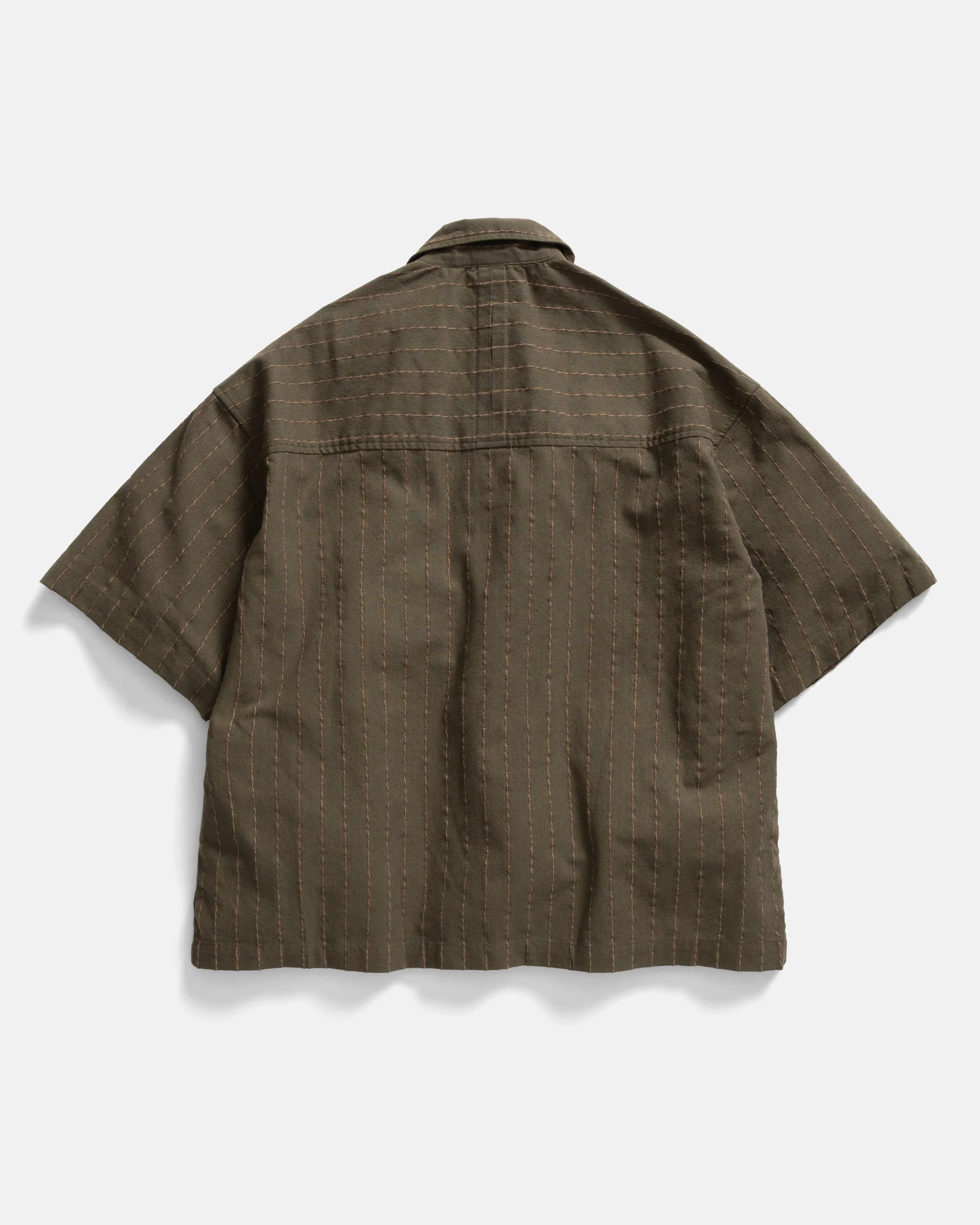 S/S SINGLE POCKET SAM SHIRT - ARMY / SAND / CHOCOLATE TWISTED STRIPE SUMMER COTTON / LINEN OXFORD - Image 4