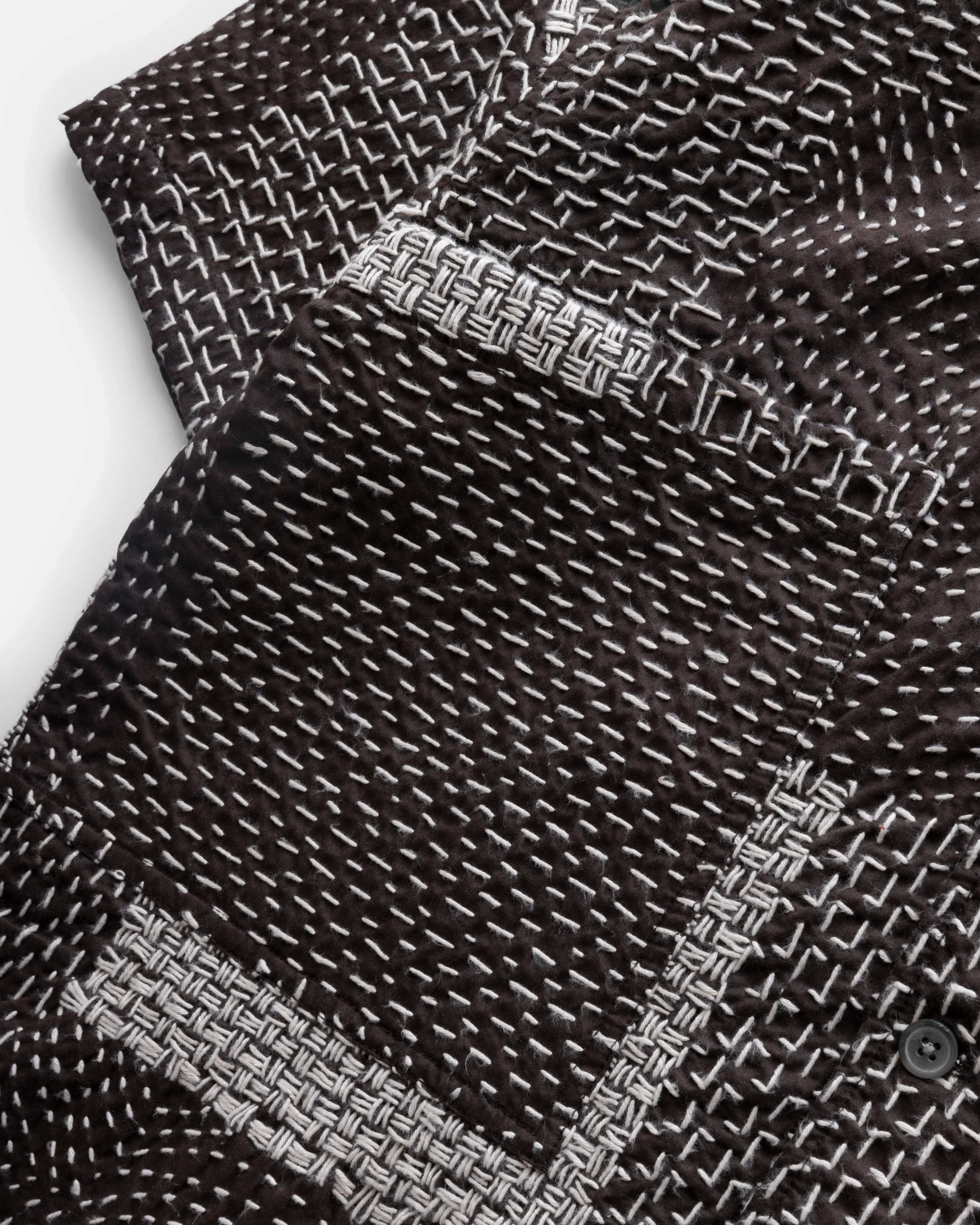 S/S SAM SHIRT - FONDENTE BROWN / ECRU PATCHWORK KANTHA STITCHED COTTON - Image 3