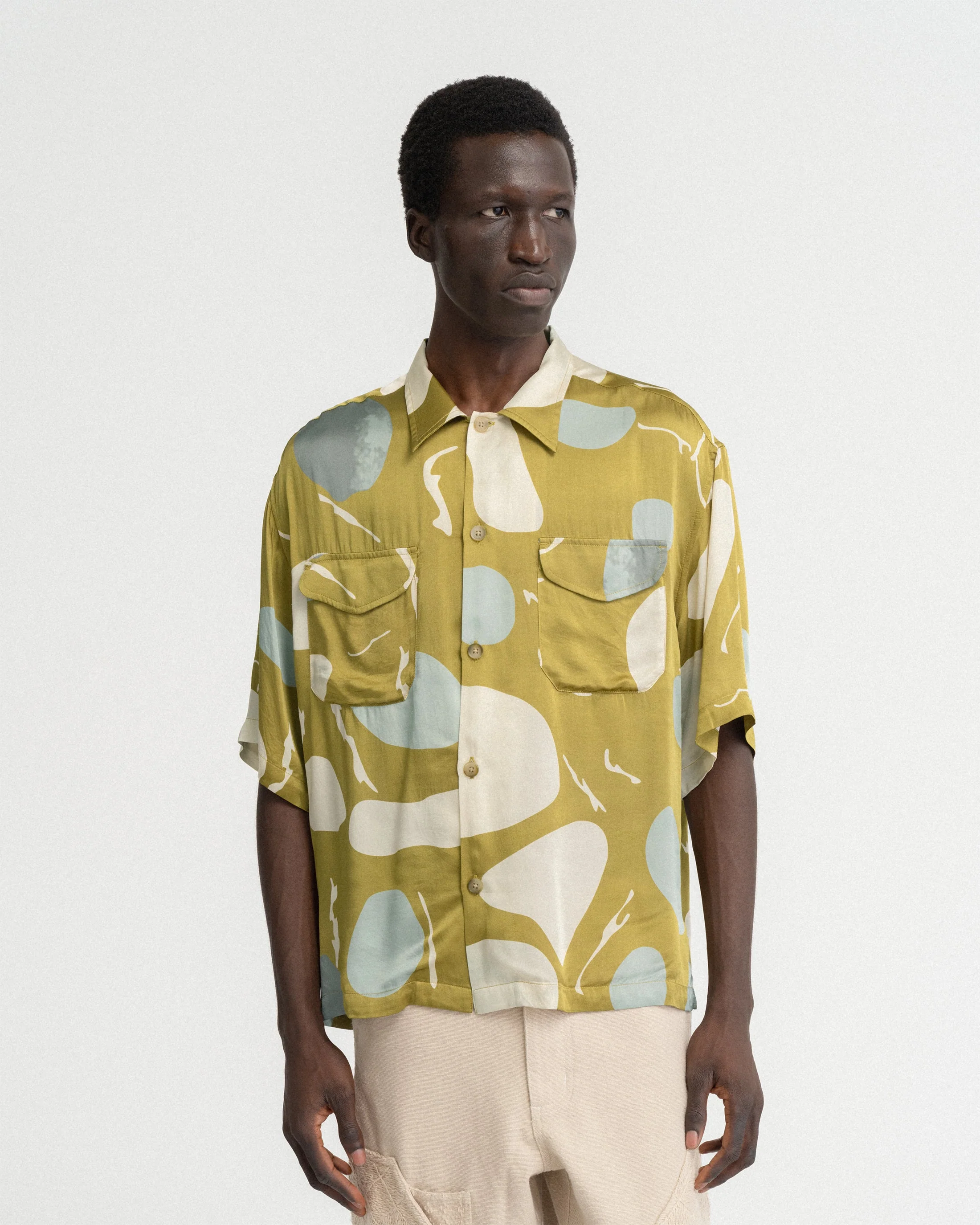 SS WES SHIRT - OLIVE MOSS RIVERBED ROCKS PRINTED VEGAN SILK - Image 6