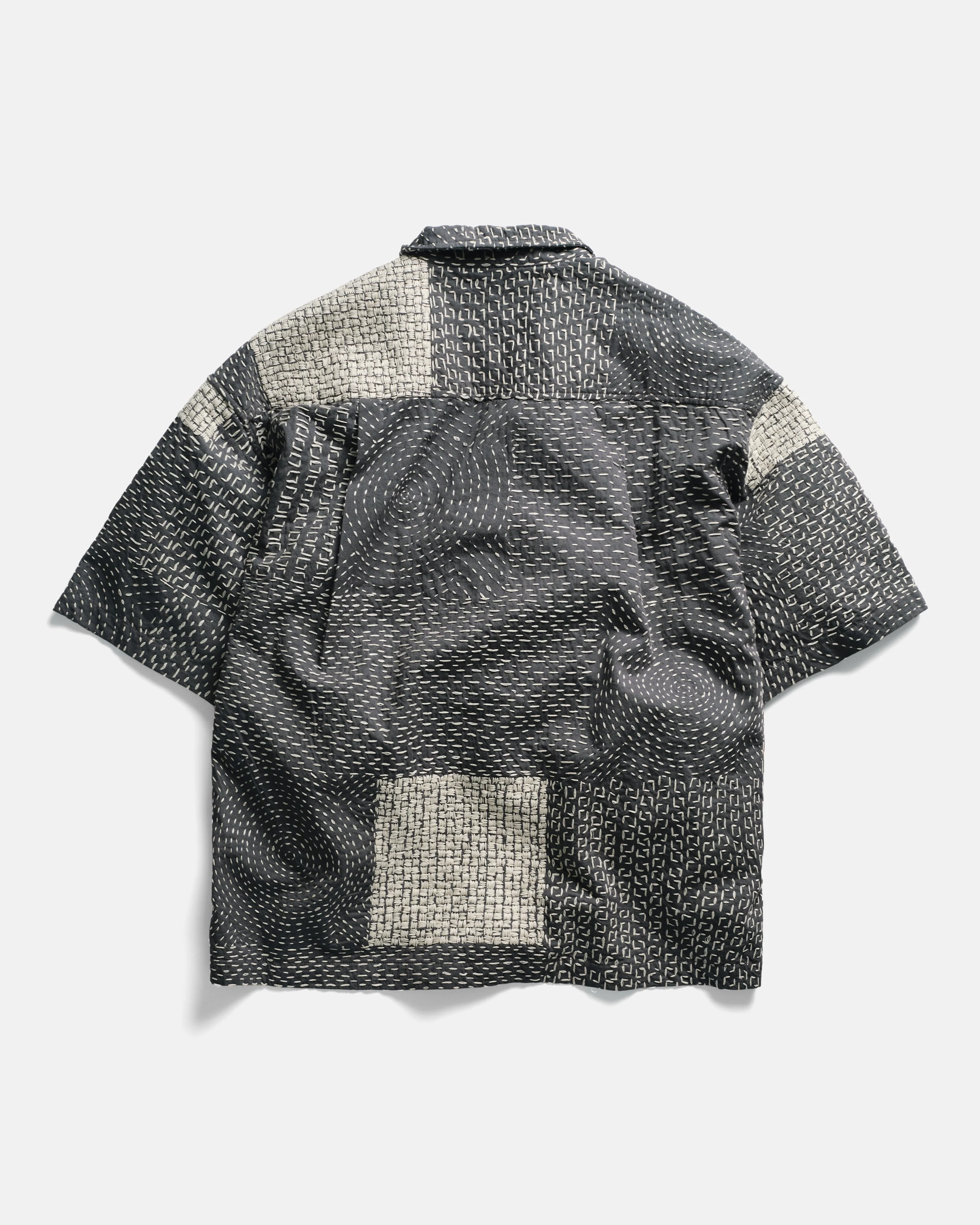 S/S WES SHIRT - WASHED SLATE/ECRU PATCHWORK KANTHA STITCHED COTTON CANVAS - Image 11