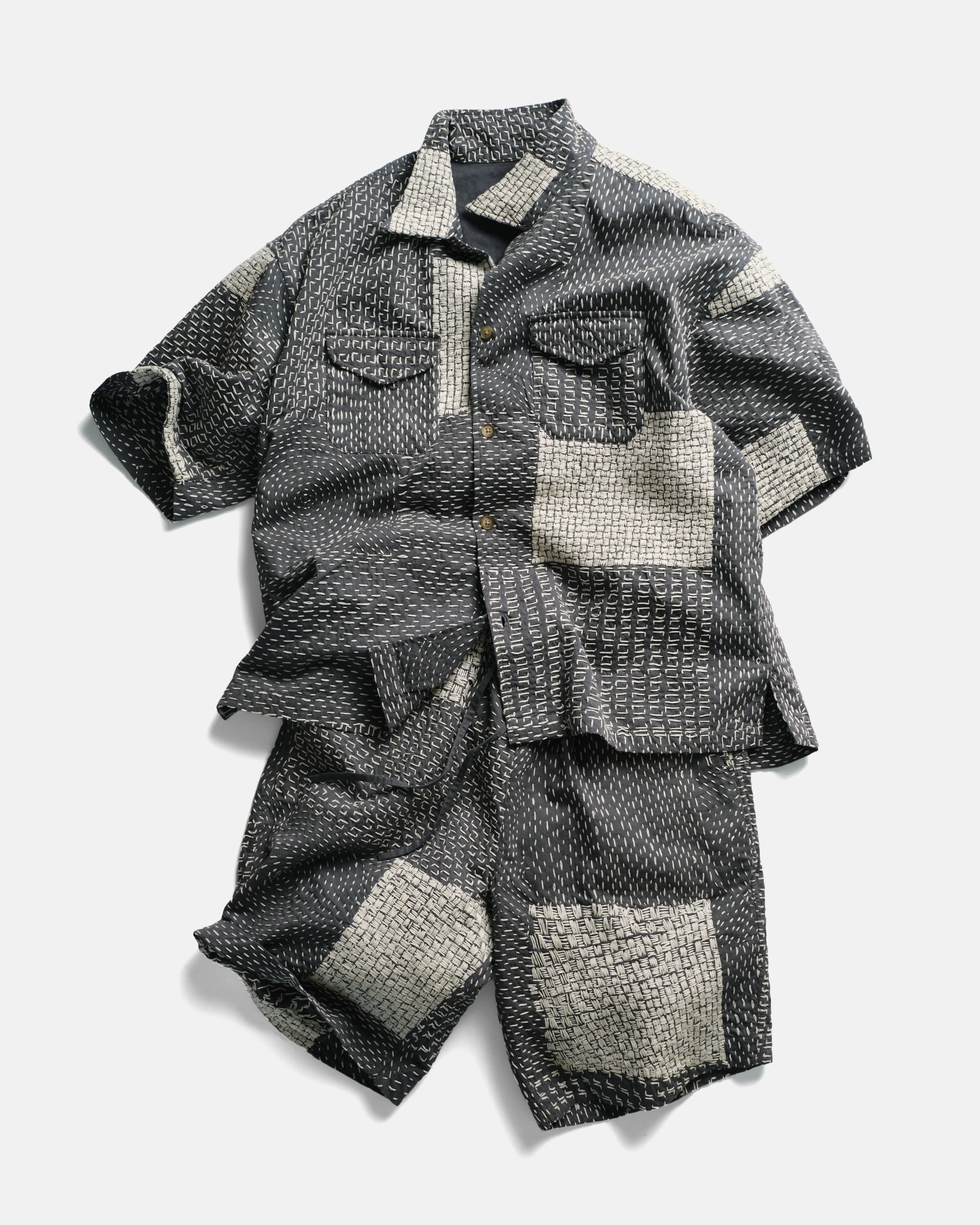 S/S WES SHIRT - WASHED SLATE/ECRU PATCHWORK KANTHA STITCHED COTTON CANVAS - Image 12