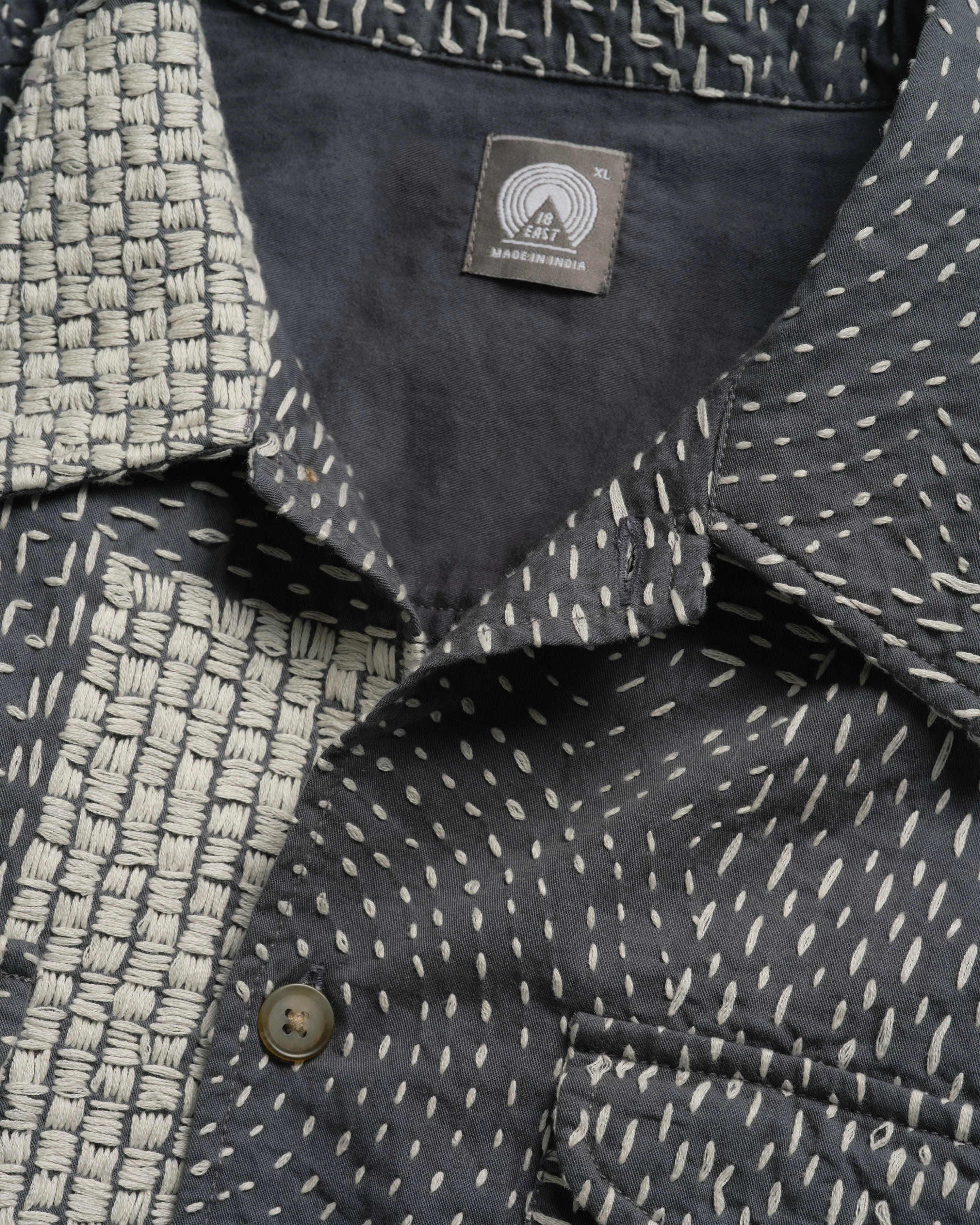 S/S WES SHIRT - WASHED SLATE/ECRU PATCHWORK KANTHA STITCHED COTTON CANVAS - Image 3