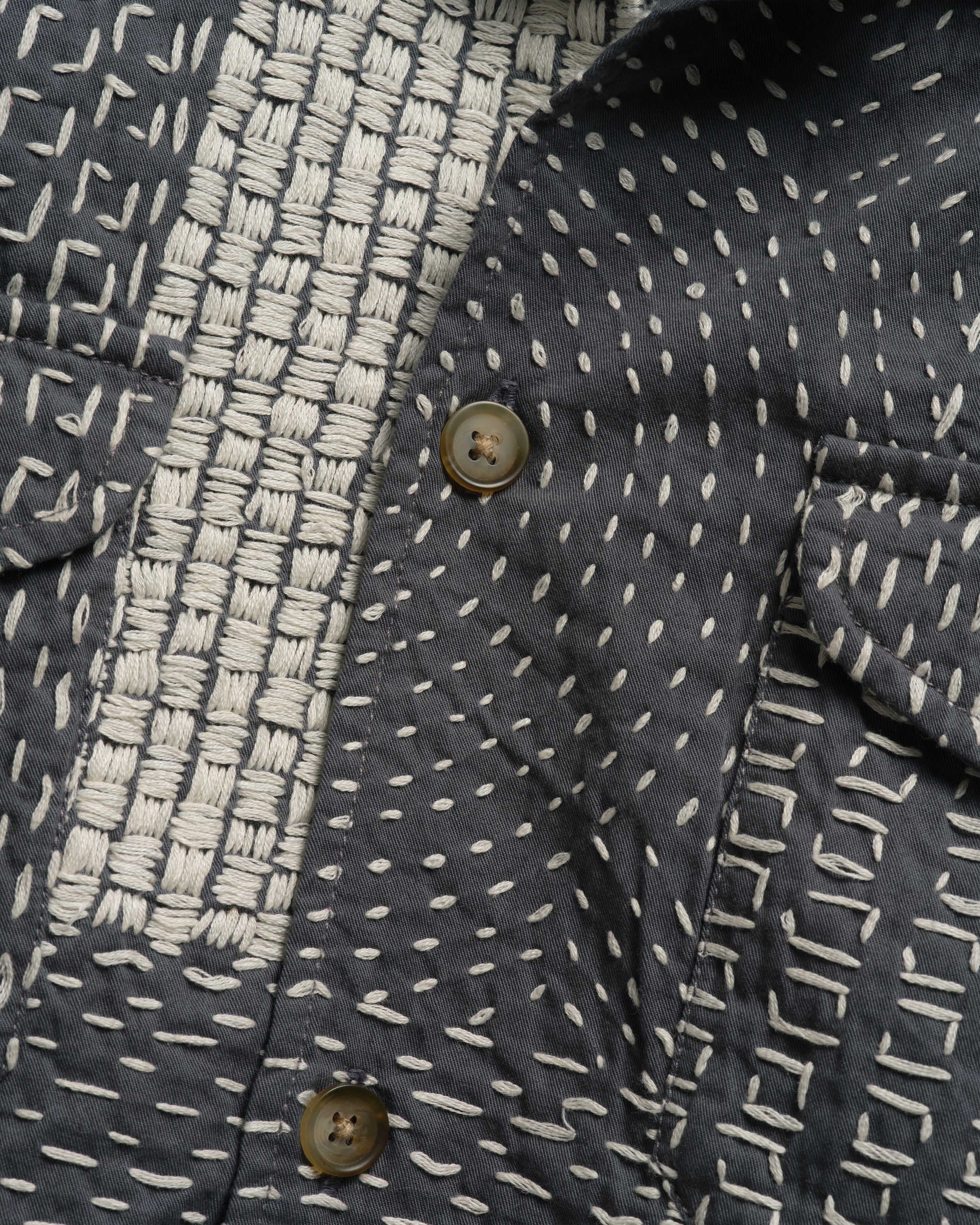 S/S WES SHIRT - WASHED SLATE/ECRU PATCHWORK KANTHA STITCHED COTTON CANVAS - Image 5