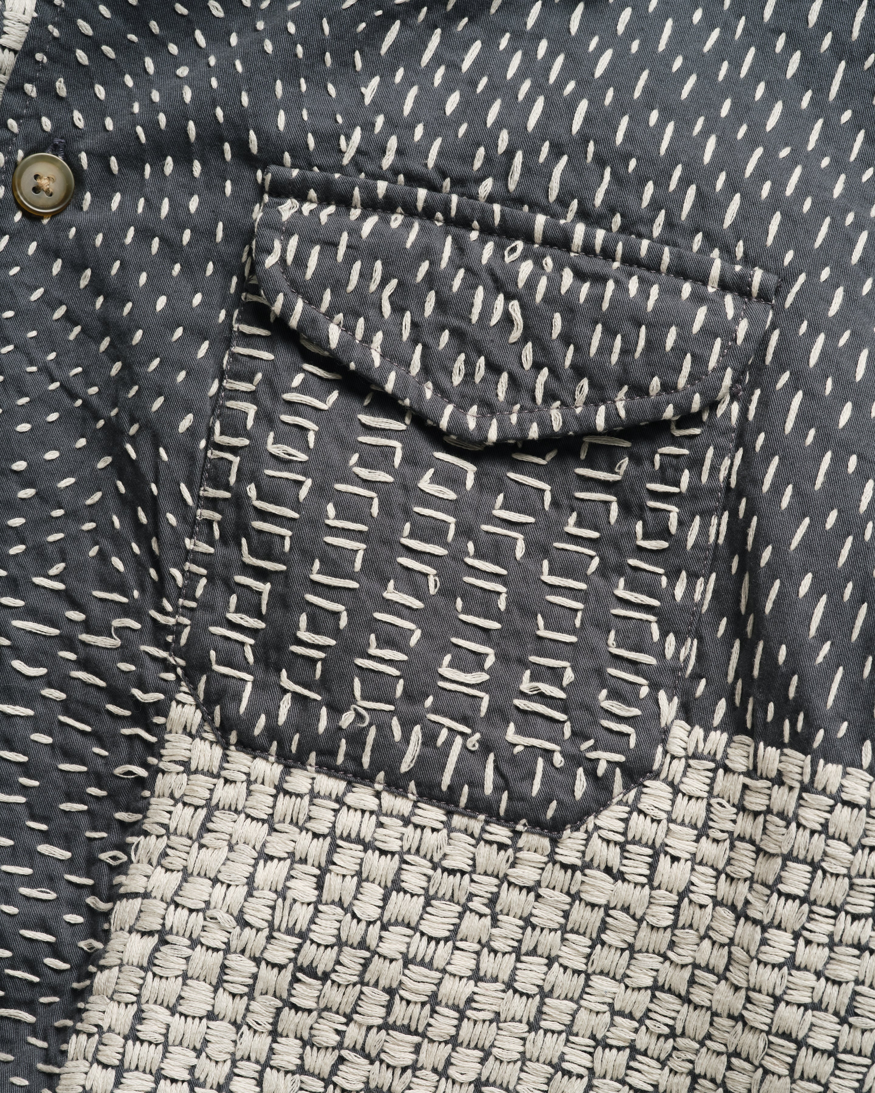 S/S WES SHIRT - WASHED SLATE/ECRU PATCHWORK KANTHA STITCHED COTTON CANVAS - Image 7