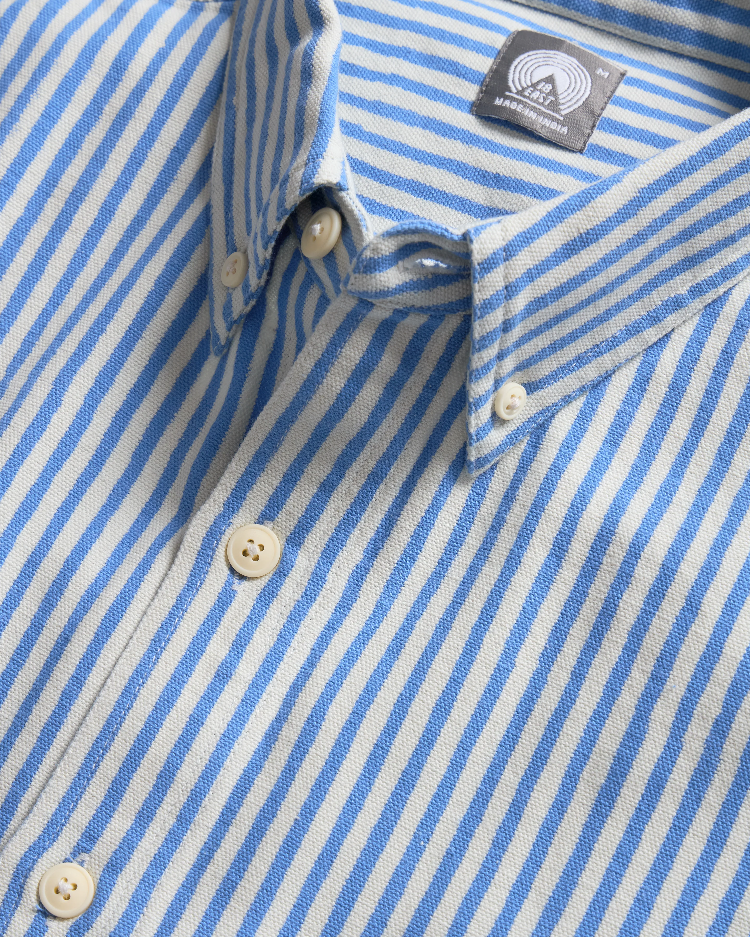 WOLF BUTTON-DOWN SHIRT - NATURAL INDIGO / ECRU HAND-BLOCK PRINTED DISCHARGE STRIPED COTTON OXFORD - Image 2